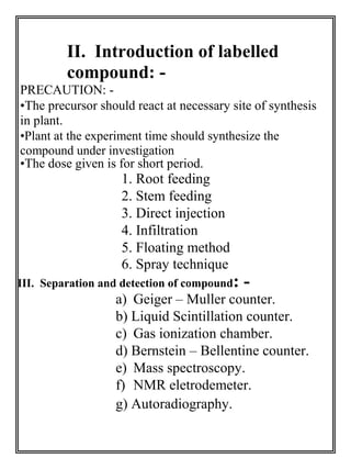 II. Introduction of labelled 
compound: - 
PRECAUTION: - 
•The precursor should react at necessary site of synthesis 
in plant. 
•Plant at the experiment time should synthesize the 
compound under investigation 
•The dose given is for short period. 
1. Root feeding 
2. Stem feeding 
3. Direct injection 
4. Infiltration 
5. Floating method 
6. Spray technique 
III. Separation and detection of compound: - 
a) Geiger – Muller counter. 
b) Liquid Scintillation counter. 
c) Gas ionization chamber. 
d) Bernstein – Bellentine counter. 
e) Mass spectroscopy. 
f) NMR eletrodemeter. 
g) Autoradiography. 
 