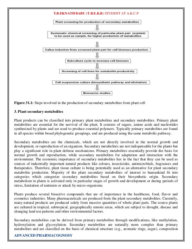 T.B.EKNATH BABU (T.B.E.K.B) STUDENT AT A.K.C.P
Figure 31.1: Steps involved in the production of secondary metabolites fro...