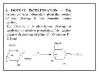4. ISOTOPE INCORPORATION: - This 
method provides information about the position 
of bond cleavage & their formation during 
reaction. 
E.g. Glucose – 1- phosphatase cleavage as 
catalyzed by alkaline phosphatase this reaction 
occur with cleavage of either C – O bond or P – 
O bond. 
CH2OH 
CH2OH 
O 
O 
18 
OH 
+ H 
2 O 
OH OH + H 
PO 
2 
4 
OPO3H 
OH 
OH 
OH 
OH 
 
