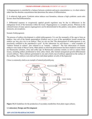 T.B.EKNATH BABU (T.B.E.K.B) STUDENT AT A.K.C.P 
1) Organogenesis is contolled by a balance between cytokinin and auxin concentration i.e. it is their relative 
rather than the absolute concentration that determines the nature of differentiation. 
2. A relatively high auxin: Cytokinin ration induces root formation, whereas a high cytokinin: auxin ratio 
favours shoot bud differentiation. 
3. Differential response to exogenously applied growth regulators may be due to differences in the 
endogenous levels of the hormones within the tissue. Organogenesis is a complex process. Whereas in the 
cultured tissues of many species organogeiiesis can be demonstrated in this pattern, some plants, notably the 
monocots, are exceptions. 
Somatic Embryogenesis 
The process of embryo development is called embryogenesis. It is not the monopoly of the egg to form an 
embryo. Any cell of the female gametophyte (Embryo sac) or even of the sporophytic tissues around the 
embryo sac may give rise to an embryo. Thus we can say that 'The phenomenon of embryogenesis is not 
necessarily confined to the reproductive cycle". In this subsection we will discuss -,- some examples of 
"embeos formed in culture", also referred to as "somatic - embryos". The first observation of somatic 
embryos were made m Dacus Carota. Other plants in which the phenomenon has been studied in some detail 
are Ranunculus scleratus, citrus and coflea spp. In Rarrunculus scleratus somatic as well as various floral 
tissues, including anthers proliferated to form callus which, after limited unorganised growth differentiated 
several embryos. These embryos germinated in situ and a fresh crop of embryos appeared on the surface of 
the seedling. The embryos were derived from individual epidern~al cells of the hypocotyl 
Citrus is commonly cited as an example of natural polyembryony 
Figure 31.3: Guidelines for the production of secondary metabolites from plant organ cultures. 
1. Laboratory Design and Development 
ADVANCED PHARMACOGNOSY 
 