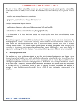 T.B.EKNATH BABU (T.B.E.K.B) STUDENT AT A.K.C.P 
The size of tissue culture lab and the amount and type of equipment used depend upon the nature of the 
work to be undertaken and the funds available. A standard tissue culture laboratory should provide facilities 
for: 
• washing and storage of glassware, plasticware 
• preparation, sterilization and storage of nutrient media 
• aseptic manipulation of plant material 
• maintenance of cultures under controlled temperature, light and humidity 
• observation of cultures, data collection and photographic facility 
• acclimatization of in vitro developed plants. The overall design must focus on maintaining aseptic 
conditions. 
At least three separate rooms should be available one for washing up, storage and media preparation (the 
media preparation room); a second room, containing laminar-air-flow or clean air cabinets for dissection of 
plant tissues and subculturing (dissection room or sterilization room); and the third room to incubate 
cultures (culture room). This culture room should contain a culture observation table provided with 
binoculars or stereozoom microscope and an adequate light source. Additionally, a green house facility is 
required for hardening-off in vitro plantlets. For a commercial set-up, a more elaborate set-up is required. 
1.1. Media preparation room 
The washing area in the media room should be provided with brushes of various sizes and shapes, a large 
sink, preferably lead-lined to resist acids and alkalis, and running hot and cold water. It should also have 
large plastic buckets to soak the labware to be washed in detergent, hot-air oven to dry washed labware and 
a dust-proof cupboard to store them. If the preparation of the medium and washing of the labware are done 
in the same room, a temporary partition can be constructed between the two areas to guard any interference 
in the two activities. A continuous supply of water is essential for media preparation and washing of 
labware. A water distillation unit of around 2 litre/h, a Milli-Q water purification systems needs to be 
installed. 
ADVANCED PHARMACOGNOSY 
 