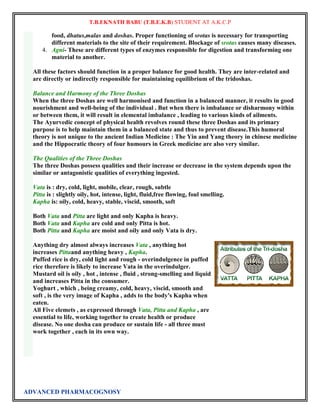 T.B.EKNATH BABU (T.B.E.K.B) STUDENT AT A.K.C.P 
food, dhatus,malas and doshas. Proper functioning of srotas is necessary for transporting 
different materials to the site of their requirement. Blockage of srotas causes many diseases. 
4. Agni- These are different types of enzymes responsible for digestion and transforming one 
material to another. 
All these factors should function in a proper balance for good health. They are inter-related and 
are directly or indirectly responsible for maintaining equilibrium of the tridoshas. 
Balance and Harmony of the Three Doshas 
When the three Doshas are well harmonised and function in a balanced manner, it results in good 
nourishment and well-being of the individual . But when there is imbalance or disharmony within 
or between them, it will result in elemental imbalance , leading to various kinds of ailments. 
The Ayurvedic concept of physical health revolves round these three Doshas and its primary 
purpose is to help maintain them in a balanced state and thus to prevent disease.This humoral 
theory is not unique to the ancient Indian Medicine : The Yin and Yang theory in chinese medicine 
and the Hippocratic theory of four humours in Greek medicine are also very similar. 
The Qualities of the Three Doshas 
The three Doshas possess qualities and their increase or decrease in the system depends upon the 
similar or antagonistic qualities of everything ingested. 
Vata is : dry, cold, light, mobile, clear, rough, subtle 
Pitta is : slightly oily, hot, intense, light, fluid,free flowing, foul smelling. 
Kapha is: oily, cold, heavy, stable, viscid, smooth, soft 
Both Vata and Pitta are light and only Kapha is heavy. 
Both Vata and Kapha are cold and only Pitta is hot. 
Both Pitta and Kapha are moist and oily and only Vata is dry. 
Anything dry almost always increases Vata , anything hot 
increases Pittaand anything heavy , Kapha. 
Puffed rice is dry, cold light and rough - overindulgence in puffed 
rice therefore is likely to increase Vata in the overindulger. 
Mustard oil is oily , hot , intense , fluid , strong-smelling and liquid 
and increases Pitta in the consumer. 
Yoghurt , which , being creamy, cold, heavy, viscid, smooth and 
soft , is the very image of Kapha , adds to the body's Kapha when 
eaten. 
All Five elemets , as expressed through Vata, Pitta and Kapha , are 
essential to life, working together to create health or produce 
disease. No one dosha can produce or sustain life - all three must 
work together , each in its own way. 
ADVANCED PHARMACOGNOSY 
 