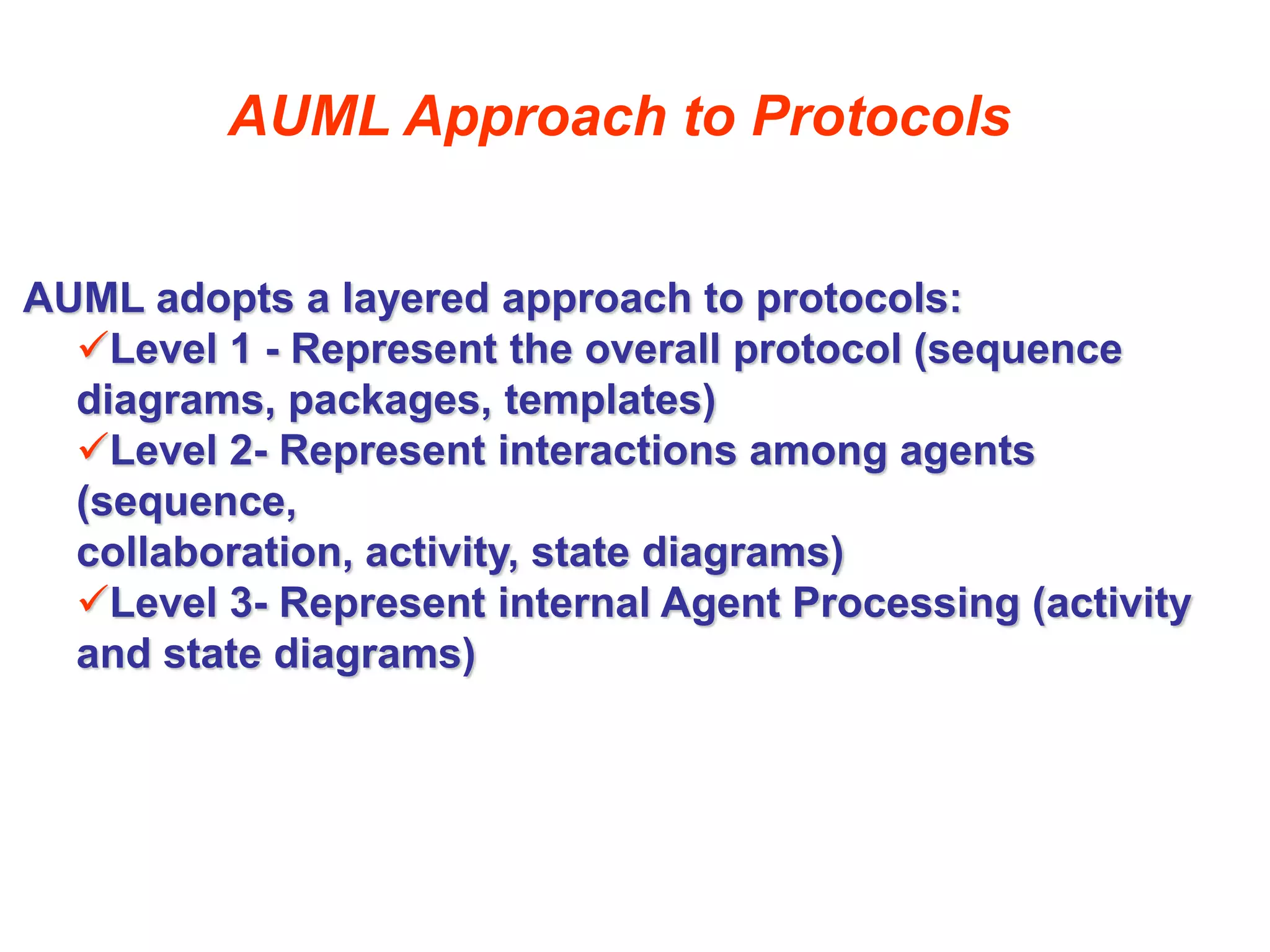AUML Approach to Protocols
AUML adopts a layered approach to protocols:
Level 1 - Represent the overall protocol (sequence
diagrams, packages, templates)
Level 2- Represent interactions among agents
(sequence,
collaboration, activity, state diagrams)
Level 3- Represent internal Agent Processing (activity
and state diagrams)
 