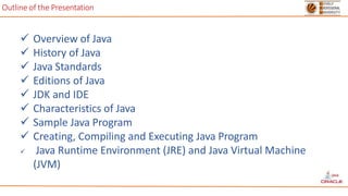 Outline of the Presentation
 Overview of Java
 History of Java
 Java Standards
 Editions of Java
 JDK and IDE
 Characteristics of Java
 Sample Java Program
 Creating, Compiling and Executing Java Program
 Java Runtime Environment (JRE) and Java Virtual Machine
(JVM)
 