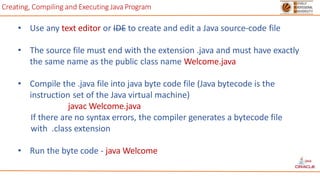 Creating, Compiling and Executing Java Program
• Use any text editor or IDE to create and edit a Java source-code file
• The source file must end with the extension .java and must have exactly
the same name as the public class name Welcome.java
• Compile the .java file into java byte code file (Java bytecode is the
instruction set of the Java virtual machine)
javac Welcome.java
If there are no syntax errors, the compiler generates a bytecode file
with .class extension
• Run the byte code - java Welcome
 