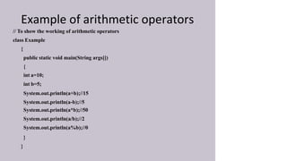 Example of arithmetic operators
// To show the working of arithmetic operators
class Example
{
public static void main(String args[])
{
int a=10;
int b=5;
System.out.println(a+b);//15
System.out.println(a-b);//5
System.out.println(a*b);//50
System.out.println(a/b);//2
System.out.println(a%b);//0
}
}
 