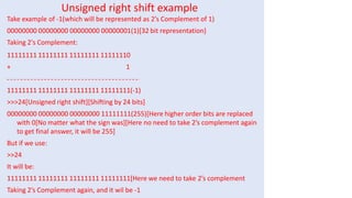 Unsigned right shift example
Take example of -1(which will be represented as 2’s Complement of 1)
00000000 00000000 00000000 00000001(1)[32 bit representation]
Taking 2's Complement:
11111111 11111111 11111111 11111110
+ 1
11111111 11111111 11111111 11111111(-1)
>>>24[Unsigned right shift][Shifting by 24 bits]
00000000 00000000 00000000 11111111(255)[Here higher order bits are replaced
with 0[No matter what the sign was][Here no need to take 2’s complement again
to get final answer, it will be 255]
But if we use:
>>24
It will be:
11111111 11111111 11111111 11111111[Here we need to take 2’s complement
Taking 2’s Complement again, and it wil be -1
 