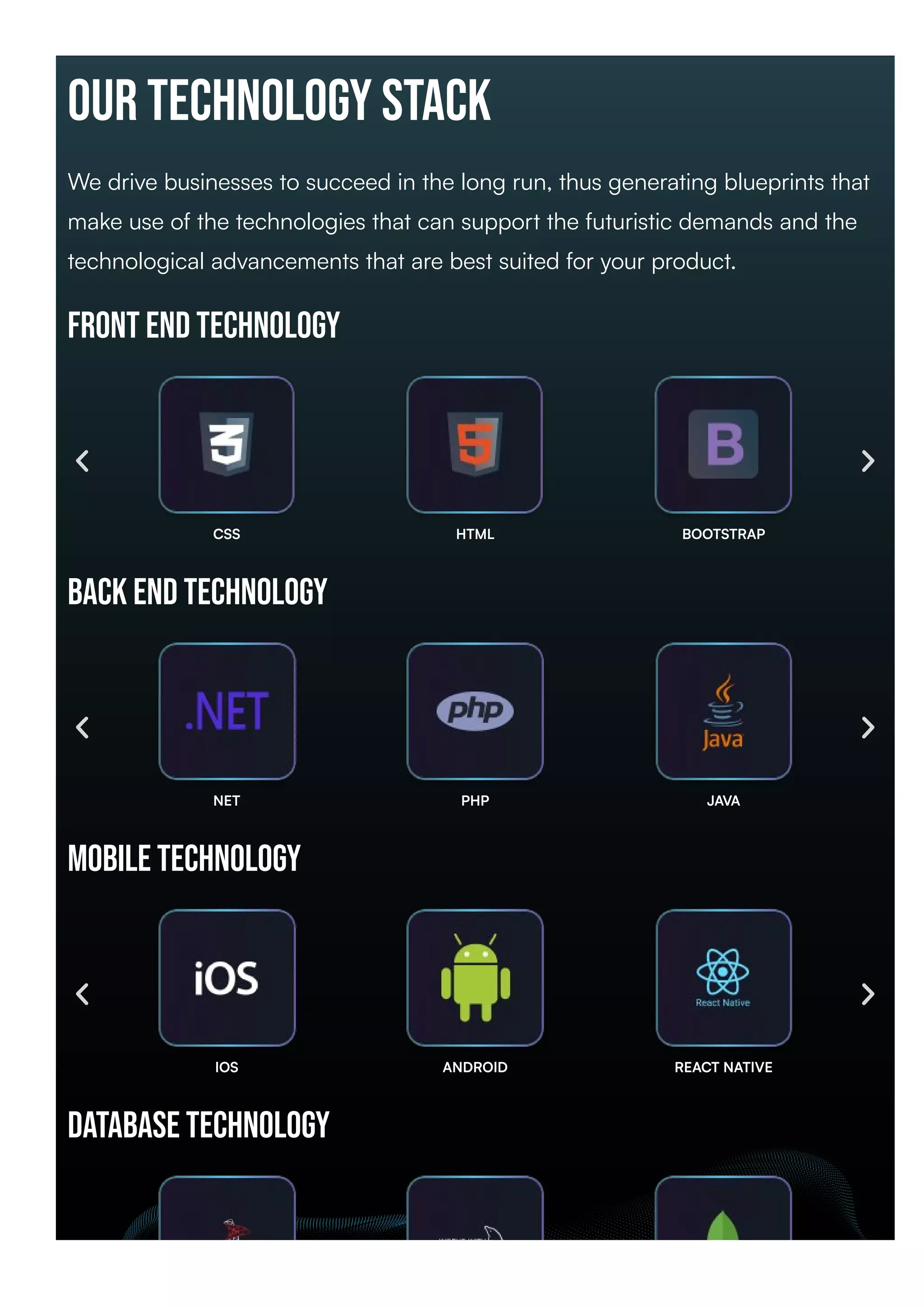our Technology stack
We drive businesses to succeed in the long run, thus generating blueprints that
make use of the technologies that can support the futuristic demands and the
technological advancements that are best suited for your product.
Front end Technology
back end Technology
Mobile Technology
Database Technology
CSS HTML BOOTSTRAP
NET PHP JAVA
IOS ANDROID REACT NATIVE
 