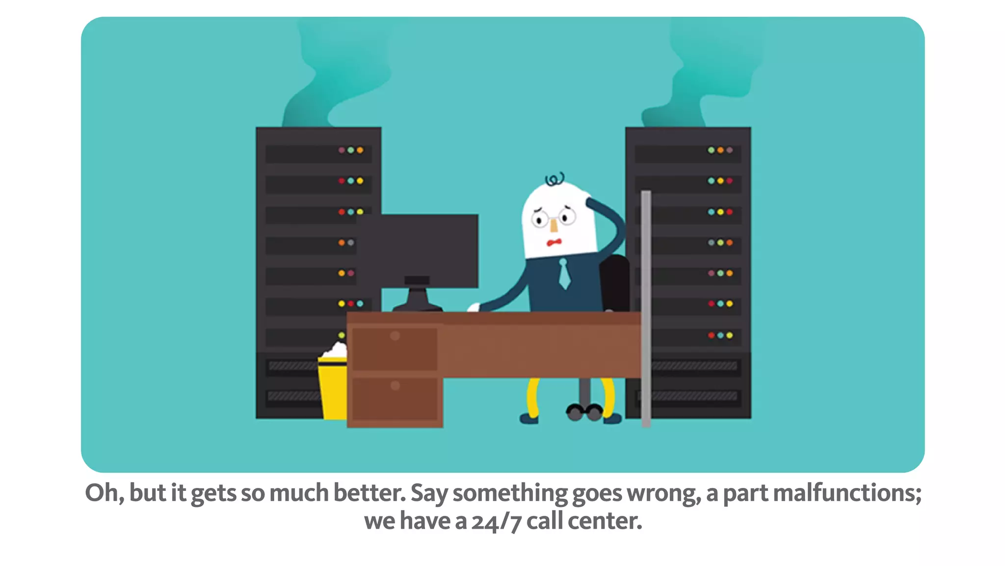 Oh, but it gets so much better. Say something goes wrong, a part malfunctions;
we have a 24/7 call center.
 