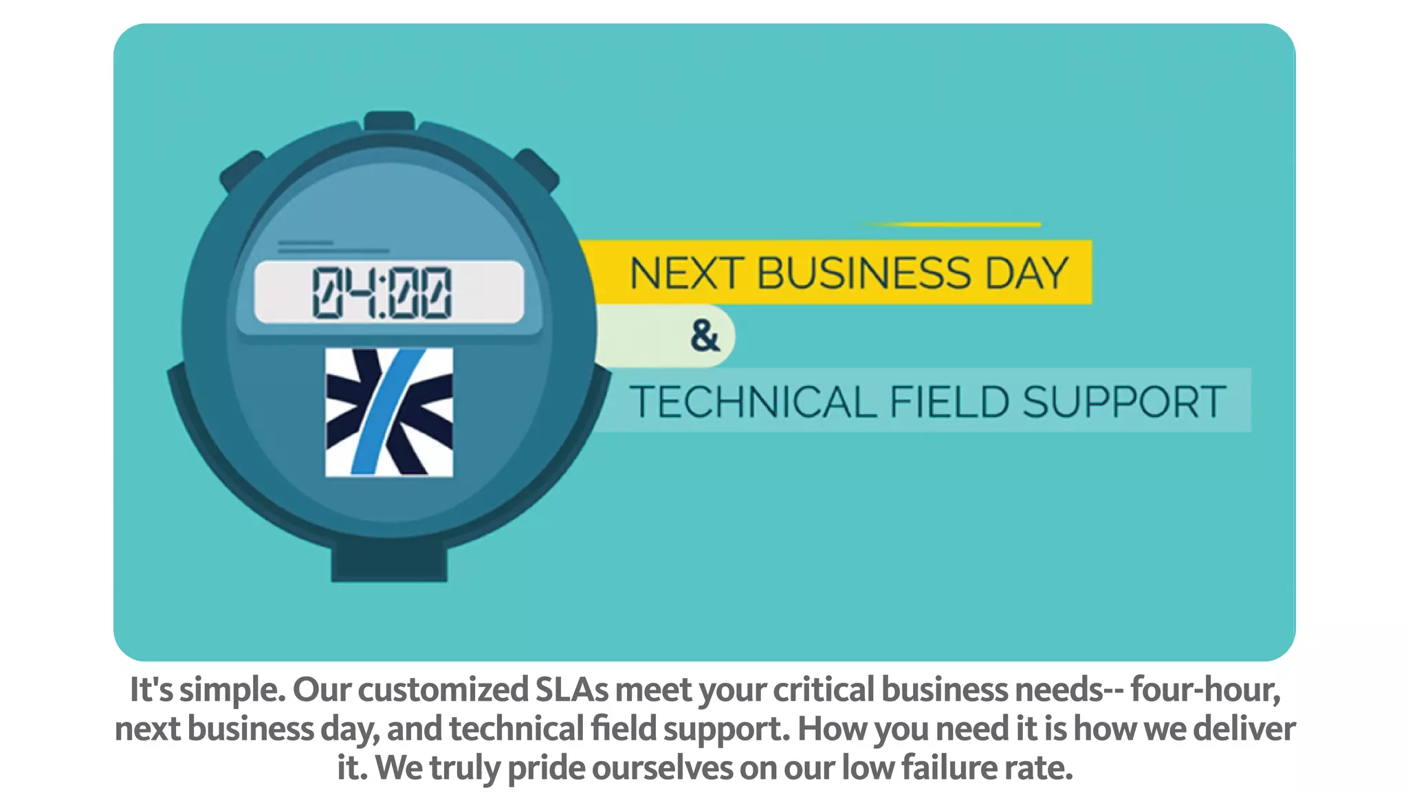 It's simple. Our customized SLAs meet your critical business needs-- four-hour, next business day, and
technical field support. How you need it is how we deliver it. We truly pride ourselves on our low failure rate.
 