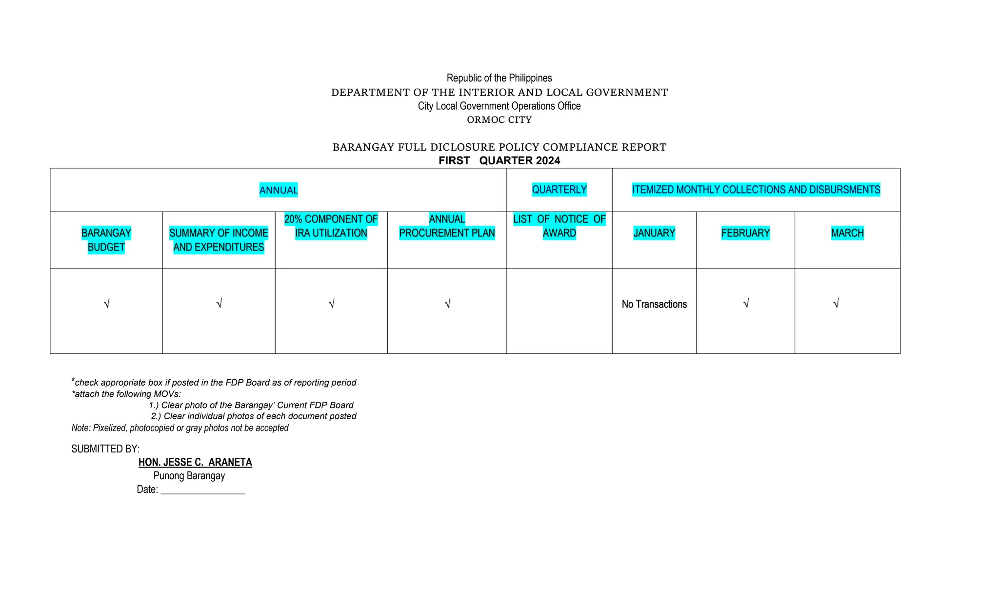 Republic of the Philippines
DEPARTMENT OF THE INTERIOR AND LOCAL GOVERNMENT
City Local Government Operations Office
ORMOC CITY
BARANGAY FULL DICLOSURE POLICY COMPLIANCE REPORT
FIRST QUARTER 2024
ANNUAL QUARTERLY ITEMIZED MONTHLY COLLECTIONS AND DISBURSMENTS
BARANGAY
BUDGET
SUMMARY OF INCOME
AND EXPENDITURES
20% COMPONENT OF
IRA UTILIZATION
ANNUAL
PROCUREMENT PLAN
LIST OF NOTICE OF
AWARD JANUARY FEBRUARY MARCH
√ √ √ √ No Transactions √ √
*check appropriate box if posted in the FDP Board as of reporting period
*attach the following MOVs:
1.) Clear photo of the Barangay’ Current FDP Board
2.) Clear individual photos of each document posted
Note: Pixelized, photocopied or gray photos not be accepted
SUBMITTED BY:
HON. JESSE C. ARANETA
Punong Barangay
Date: _________________