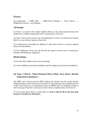 Process:
Java Application → JDBC APIs → JDBC Driver Manager → Type 3 Driver →
Middleware (Server)→ any Database

Advantage:
(1) There is no need for the vendor database library on the client machine because the
middleware is database independent and it communicates with client.
(2) Type 3 driver can be used in any web application as well as on internet also because
there is no any software require at client side.
(3) A single driver can handle any database at client side so there is no need a separate
driver for each database.
(4) The middleware server can also provide the typical services such as connections,
auditing, load balancing, logging etc.

Disadvantage:
(1) An Extra layer added, may be time consuming.
(2) At the middleware develop the database specific coding, may be increase complexity.

(4) Type 4 Driver: Native-Protocol Driver (Pure Java driver directly
connected to database) :The JDBC type 4 driver converts JDBC method calls directly into the vendor specific
database protocol and in between do not need to be converted any other formatted system
so this is the fastest way to communicate quires to DBMS and it is completely written in
JAVA because of that this is also known as the “direct to database Pure JAVA driver”.
If we are using type-4 driver in oracle then we need to add jar file to the class path
because it was given by third party.

12

 