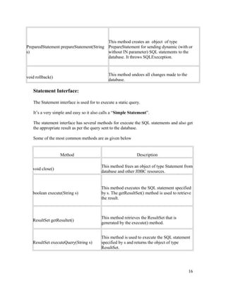 This method creates an object of type
PreparedStatement prepareStatement(String PrepareStatement for sending dynamic (with or
s)
without IN parameter) SQL statements to the
database. It throws SQLExeception.

This method undoes all changes made to the
database.

void rollback()

Statement Interface:
The Statement interface is used for to execute a static query.
It’s a very simple and easy so it also calls a “Simple Statement”.
The statement interface has several methods for execute the SQL statements and also get
the appropriate result as per the query sent to the database.
Some of the most common methods are as given below

Method

Description

void close()

This method frees an object of type Statement from
database and other JDBC resources.

boolean execute(String s)

This method executes the SQL statement specified
by s. The getResultSet() method is used to retrieve
the result.

ResultSet getResultet()

This method retrieves the ResultSet that is
generated by the execute() method.

ResultSet executeQuery(String s)

This method is used to execute the SQL statement
specified by s and returns the object of type
ResultSet.

16

 