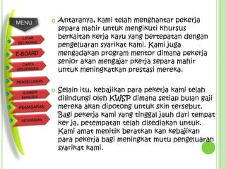    Antaranya, kami telah menghantar pekerja
    separa mahir untuk mengikuti khursus
    berkaitan kerja kayu yang bertepatan dengan
    pengeluaran syarikat kami. Kami juga
    mengadakan program mentor dimana pekerja
    senior akan mengajar pkerja separa mahir
    untuk meningkatkan prestasi mereka.

   Selain itu, kebajikan para pekerja kami telah
    dilindungi oleh KWSP dimana setiap bulan gaji
    mereka akan dipotong untuk skin tersebut.
    Bagi pekerja kami yang tinggal jauh dari tempat
    ker ja, petempatan telah disediakan untuk.
    Kami amat menitik beratkan kan kebajikan
    para pekerja bagi meningkat mutu pengeluaran
    syarikat kami.
 