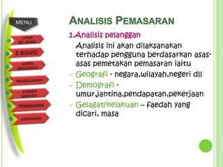 ANALISIS PEMASARAN
1.Analisis pelanggan
  Analisis ini akan dilaksanakan
  terhadap pengguna berdasarkan asas-
  asas pemetakan pemasaran iaitu
 Geografi - negara,wilayah,negeri dll

 Demografi -
  umur,jantina,pendapatan,pekerjaan
 Gelagat/kelakuan – faedah yang
  dicari, masa
 