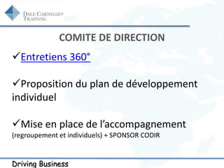Driving Business
COMITE DE DIRECTION
Entretiens 360°
Proposition du plan de développement
individuel
Mise en place de l...