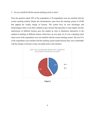 2. Are you satisfied with the current teaching system in class?
From the question asked, 59% of the respondents or 30 respondents were not satisfied with the
current teaching method. Maybe this dissatisfaction came from the teaching system in UTeM
that applied the weekly change of lecturer. The system have its own advantages and
disadvantages where it can allow students to get a lecturer that specialize in each chapter, but this
intermission of different lecturer gave the student no time to familiarize themselves to the
method of teaching of different lecturer which have its own perk. So it‟s not a shocking result
where most of the respondents were not satisfied with the current teaching system. The rest 41%
of the respondents were satisfied with the teaching system maybe because they were comfortable
with the changes of lecturer or they can adept easily to the situation.
Chart 2
8
41%
59%
ARE YOU SATISFIED WITH THE CURRENT
TEACHING SYSTEM IN CLASS?
Yes
No
 