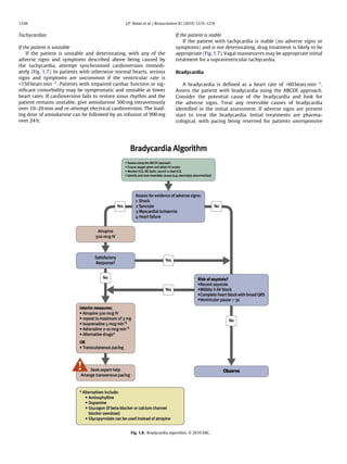 1238                                             J.P. Nolan et al. / Resuscitation 81 (2010) 1219–1276


Tachycardias                                                                  If the patient is stable
                                                                                  If the patient with tachycardia is stable (no adverse signs or
If the patient is unstable                                                    symptoms) and is not deteriorating, drug treatment is likely to be
    If the patient is unstable and deteriorating, with any of the             appropriate (Fig. 1.7). Vagal manoeuvres may be appropriate initial
adverse signs and symptoms described above being caused by                    treatment for a supraventricular tachycardia.
the tachycardia, attempt synchronised cardioversion immedi-
ately (Fig. 1.7). In patients with otherwise normal hearts, serious           Bradycardia
signs and symptoms are uncommon if the ventricular rate is
<150 beats min−1 . Patients with impaired cardiac function or sig-               A bradycardia is deﬁned as a heart rate of <60 beats min−1 .
niﬁcant comorbidity may be symptomatic and unstable at lower                  Assess the patient with bradycardia using the ABCDE approach.
heart rates. If cardioversion fails to restore sinus rhythm and the           Consider the potential cause of the bradycardia and look for
patient remains unstable, give amiodarone 300 mg intravenously                the adverse signs. Treat any reversible causes of bradycardia
over 10–20 min and re-attempt electrical cardioversion. The load-             identiﬁed in the initial assessment. If adverse signs are present
ing dose of amiodarone can be followed by an infusion of 900 mg               start to treat the bradycardia. Initial treatments are pharma-
over 24 h.                                                                    cological, with pacing being reserved for patients unresponsive




                                                   Fig. 1.8. Bradycardia algorithm. © 2010 ERC.
 