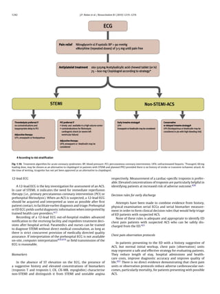 1242                                                         J.P. Nolan et al. / Resuscitation 81 (2010) 1219–1276




Fig. 1.10. Treatment algorithm for acute coronary syndromes; BP, blood pressure; PCI, percutaneous coronary intervention; UFH, unfractionated heparin. *Prasugrel, 60 mg
loading dose, may be chosen as an alternative to clopidogrel in patients with STEMI and planned PPCI provided there is no history of stroke or transient ischaemic attack. At
the time of writing, ticagrelor has not yet been approved as an alternative to clopidogrel.


12-lead ECG                                                                               respectively. Measurement of a cardiac-speciﬁc troponin is prefer-
                                                                                          able. Elevated concentrations of troponin are particularly helpful in
    A 12-lead ECG is the key investigation for assessment of an ACS.                      identifying patients at increased risk of adverse outcome.420
In case of STEMI, it indicates the need for immediate reperfusion
therapy (i.e., primary percutaneous coronary intervention (PCI) or                        Decision rules for early discharge
prehospital ﬁbrinolysis). When an ACS is suspected, a 12-lead ECG
should be acquired and interpreted as soon as possible after ﬁrst                             Attempts have been made to combine evidence from history,
patient contact, to facilitate earlier diagnosis and triage. Prehospital                  physical examination serial ECGs and serial biomarker measure-
or ED ECG yields useful diagnostic information when interpreted by                        ment in order to form clinical decision rules that would help triage
trained health care providers.417                                                         of ED patients with suspected ACS.
    Recording of a 12-lead ECG out-of-hospital enables advanced                               None of these rules is adequate and appropriate to identify ED
notiﬁcation to the receiving facility and expedites treatment deci-                       chest pain patients with suspected ACS who can be safely dis-
sions after hospital arrival. Paramedics and nurses can be trained                        charged from the ED.421
to diagnose STEMI without direct medical consultation, as long as
there is strict concurrent provision of medically directed quality
                                                                                          Chest pain observation protocols
assurance. If interpretation of the prehospital ECG is not available
on-site, computer interpretation418,419 or ﬁeld transmission of the
                                                                                              In patients presenting to the ED with a history suggestive of
ECG is reasonable.
                                                                                          ACS, but normal initial workup, chest pain (observation) units
                                                                                          may represent a safe and effective strategy for evaluating patients.
Biomarkers                                                                                They reduce length of stay, hospital admissions and health-
                                                                                          care costs, improve diagnostic accuracy and improve quality of
    In the absence of ST elevation on the ECG, the presence of                            life.422 There is no direct evidence demonstrating that chest pain
a suggestive history and elevated concentrations of biomarkers                            units or observation protocols reduce adverse cardiovascular out-
(troponin T and troponin I, CK, CK-MB, myoglobin) characterise                            comes, particularly mortality, for patients presenting with possible
non-STEMI and distinguish it from STEMI and unstable angina                               ACS.
 
