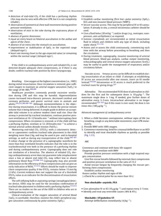 1248                                               J.P. Nolan et al. / Resuscitation 81 (2010) 1219–1276


• detection of end-tidal CO2 if the child has a perfusing rhythm                Circulation
  (this may also be seen with effective CPR, but it is not completely           • Establish cardiac monitoring [ﬁrst line—pulse oximetry (SpO2 ),
  reliable);                                                                      ECG and non-invasive blood pressure (NIBP)].
• observation of symmetrical chest wall movement during positive                • Secure vascular access. This may be by peripheral IV or IO cannu-
  pressure ventilation;                                                           lation. If already in situ, a central intravenous catheter should be
• observation of mist in the tube during the expiratory phase of                  used.
  ventilation;                                                                  • Give a ﬂuid bolus (20 ml kg−1 ) and/or drugs (e.g., inotropes, vaso-
• absence of gastric distension;                                                  pressors, anti-arrhythmics) as required.
• equal air entry heard on bilateral auscultation in the axillae and            • Isotonic crystalloids are recommended as initial resuscitation
  apices of the chest;                                                            ﬂuid in infants and children with any type of shock, including
• absence of air entry into the stomach on auscultation;                          septic shock.515–518
• improvement or stabilisation of SpO2 in the expected range                    • Assess and re-assess the child continuously, commencing each
  (delayed sign!);                                                                time with the airway before proceeding to breathing and then
• heart rate moving closer to the age-expected value (or remaining                the circulation.
  within the normal range) (delayed sign!).                                     • During treatment, capnography, invasive monitoring of arterial
                                                                                  blood pressure, blood gas analysis, cardiac output monitoring,
                                                                                  echocardiography and central venous oxygen saturation (ScvO2 )
   If the child is in cardiopulmonary arrest and exhaled CO2 is not               may be useful to guide the management of respiratory and/or
detected despite adequate chest compressions, or if there is any                  circulatory failure.
doubt, conﬁrm tracheal tube position by direct laryngoscopy.
                                                                                   Vascular access. Venous access can be difﬁcult to establish dur-
                                                                                ing resuscitation of an infant or child: if attempts at establishing
                                                                                IV access are unsuccessful after one minute, insert an IO needle
   Breathing. Give oxygen at the highest concentration (i.e., 100%)             instead.519,520 Intraosseous or IV access is much preferred to the
during initial resuscitation. Once circulation is restored, give sufﬁ-          tracheal route for giving drugs.521
cient oxygen to maintain an arterial oxygen saturation (SaO2 ) in
the range of 94–98%.498,499
   Healthcare providers commonly provide excessive ventila-                        Adrenaline. The recommended IV/IO dose of adrenaline in chil-
tion during CPR and this may be harmful. Hyperventilation                       dren for the ﬁrst and for subsequent doses is 10 g kg−1 . The
causes increased intra-thoracic pressure, decreased cerebral and                maximum single dose is 1 mg. If needed, give further doses of
coronary perfusion, and poorer survival rates in animals and                    adrenaline every 3–5 min. Intratracheal adrenaline is no longer
adults.224,225,286,500–503 Although normoventilation is the objec-              recommended,522–525 but if this route is ever used, the dose is ten
tive during resuscitation, it is difﬁcult to know the precise minute            times this (100 g kg−1 ).
volume that is being delivered. A simple guide to deliver an accept-
able tidal volume is to achieve modest chest wall rise. Once the                Advanced management of cardiopulmonary arrest
airway is protected by tracheal intubation, continue positive pres-
sure ventilation at 10–12 breaths min−1 without interrupting chest              1. When a child becomes unresponsive, without signs of life (no
compressions. When circulation is restored, or if the child still has              breathing, cough or any detectable movement), start CPR imme-
a perfusing rhythm, ventilate at 12–20 breaths min−1 to achieve a                  diately.
normal arterial carbon dioxide tension (PaCO2 ).                                2. Provide BMV with 100% oxygen.
   Monitoring end-tidal CO2 (ETCO2 ) with a colorimetric detec-                 3. Commence monitoring. Send for a manual deﬁbrillator or an AED
tor or capnometer conﬁrms tracheal tube placement in the child                     to identify and treat shockable rhythms as quickly as possible
weighing more than 2 kg, and may be used in pre- and in-hospital                   (Fig. 1.13).
settings, as well as during any transportation of the child.504–507
A colour change or the presence of a capnographic waveform for                      ABC
more than four ventilated breaths indicates that the tube is in the
tracheobronchial tree both in the presence of a perfusing rhythm
                                                                                 Commence and continue with basic life support
and during cardiopulmonary arrest. Capnography does not rule
                                                                                 Oxygenate and ventilate with BMV
out intubation of a bronchus. The absence of exhaled CO2 dur-
                                                                                   Provide positive pressure ventilation with a high inspired oxy-
ing cardiopulmonary arrest does not guarantee tube misplacement
                                                                                 gen concentration
since a low or absent end tidal CO2 may reﬂect low or absent
                                                                                   Give ﬁve rescue breaths followed by external chest compression
pulmonary blood ﬂow.235,508–510 Capnography may also provide
                                                                                 and positive pressure ventilation in the ratio of 15:2
information on the efﬁciency of chest compressions and can give an
                                                                                   Avoid rescuer fatigue by frequently changing the rescuer per-
early indication of ROSC.511,512 Efforts should be made to improve
                                                                                 forming chest compressions
chest compression quality if the ETCO2 remains below 15 mm Hg
                                                                                   Establish cardiac monitoring
(2 kPa). Current evidence does not support the use of a threshold
                                                                                 Assess cardiac rhythm and signs of life
ETCO2 value as an indicator for the discontinuation of resuscitation
                                                                                 (±Check for a central pulse for no more than 10 s)
efforts.
   The self-inﬂating bulb or aspirating syringe (oesophageal detec-
                                                                                    Non-shockable—asystole, PEA
tor device, ODD) may be used for the secondary conﬁrmation of
tracheal tube placement in children with a perfusing rhythm.513,514
There are no studies on the use of the ODD in children who are in               • Give adrenaline IV or IO (10 g kg−1 ) and repeat every 3–5 min.
cardiopulmonary arrest.                                                         • Identify and treat any reversible causes (4Hs & 4Ts).
   Clinical evaluation of the oxygen saturation of arterial blood
(SaO2 ) is unreliable; therefore, monitor the child’s peripheral oxy-               Shockable—VF/pulseless VT
gen saturation continuously by pulse oximetry (SpO2 ).                              Attempt deﬁbrillation immediately (4 J kg−1 ):
 