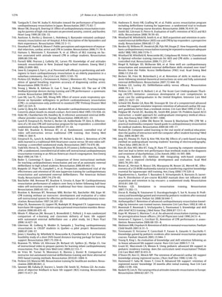 1276                                                           J.P. Nolan et al. / Resuscitation 81 (2010) 1219–1276


708. Taniguchi T, Omi W, Inaba H. Attitudes toward the performance of bystander             736. Andresen D, Arntz HR, Graﬂing W, et al. Public access resuscitation program
     cardiopulmonary resuscitation in Japan. Resuscitation 2007;75:82–7.                         including deﬁbrillator training for laypersons: a randomized trial to evaluate
709. Moser DK, Dracup K, Doering LV. Effect of cardiopulmonary resuscitation train-              the impact of training course duration. Resuscitation 2008;76:419–24.
     ing for parents of high-risk neonates on perceived anxiety, control, and burden.       737. Smith KK, Gilcreast D, Pierce K. Evaluation of staff’s retention of ACLS and BLS
     Heart Lung 1999;28:326–33.                                                                  skills. Resuscitation 2008;78:59–65.
710. Axelsson A, Herlitz J, Ekstrom L, Holmberg S. Bystander-initiated cardiopul-           738. Woollard M, Whitfeild R, Smith A, et al. Skill acquisition and retention in auto-
     monary resuscitation out-of-hospital. A ﬁrst description of the bystanders and              mated external deﬁbrillator (AED) use and CPR by lay responders: a prospective
     their experiences. Resuscitation 1996;33:3–11.                                              study. Resuscitation 2004;60:17–28.
711. Donohoe RT, Haefeli K, Moore F. Public perceptions and experiences of myocar-          739. Berden HJ, Willems FF, Hendrick JM, Pijls NH, Knape JT. How frequently should
     dial infarction, cardiac arrest and CPR in London. Resuscitation 2006;71:70–9.              basic cardiopulmonary resuscitation training be repeated to maintain adequate
712. Hamasu S, Morimoto T, Kuramoto N, et al. Effects of BLS training on fac-                    skills? BMJ 1993;306:1576–7.
     tors associated with attitude toward CPR in college students. Resuscitation            740. Woollard M, Whitﬁeld R, Newcombe RG, Colquhoun M, Vetter N, Chamberlain
     2009;80:359–64.                                                                             D. Optimal refresher training intervals for AED and CPR skills: a randomised
713. Parnell MM, Pearson J, Galletly DC, Larsen PD. Knowledge of and attitudes                   controlled trial. Resuscitation 2006;71:237–47.
     towards resuscitation in New Zealand high-school students. Emerg Med J                 741. Riegel B, Nafziger SD, McBurnie MA, et al. How well are cardiopulmonary
     2006;23:899–902.                                                                            resuscitation and automated external deﬁbrillator skills retained over time?
714. Swor R, Compton S, Farr L, et al. Perceived self-efﬁcacy in performing and will-            Results from the Public Access Deﬁbrillation (PAD) trial. Acad Emerg Med
     ingness to learn cardiopulmonary resuscitation in an elderly population in a                2006;13:254–63.
     suburban community. Am J Crit Care 2003;12:65–70.                                      742. Beckers SK, Fries M, Bickenbach J, et al. Retention of skills in medical stu-
715. Perkins GD, Walker G, Christensen K, Hulme J, Monsieurs KG. Teaching recog-                 dents following minimal theoretical instructions on semi and fully automated
     nition of agonal breathing improves accuracy of diagnosing cardiac arrest.                  external deﬁbrillators. Resuscitation 2007;72:444–50.
     Resuscitation 2006;70:432–7.                                                           743. Perkins GD, Lockey AS. Deﬁbrillation-safety versus efﬁcacy. Resuscitation
716. Yeung J, Meeks R, Edelson D, Gao F, Soar J, Perkins GD. The use of CPR                      2008;79:1–3.
     feedback/prompt devices during training and CPR performance: a systematic              744. Perkins GD, Barrett H, Bullock I, et al. The Acute Care Undergraduate TEach-
     review. Resuscitation 2009;80:743–51.                                                       ing (ACUTE) Initiative: consensus development of core competencies in
717. Lam KK, Lau FL, Chan WK, Wong WN. Effect of severe acute respiratory syn-                   acute care for undergraduates in the United Kingdom. Intensive Care Med
     drome on bystander willingness to perform cardiopulmonary resuscitation                     2005;31:1627–33.
     (CPR)—is compression-only preferred to standard CPR? Prehosp Disaster Med              745. Schwid HA, Rooke GA, Ross BK, Sivarajan M. Use of a computerized advanced
     2007;22:325–9.                                                                              cardiac life support simulator improves retention of advanced cardiac life sup-
718. Locke CJ, Berg RA, Sanders AB, et al. Bystander cardiopulmonary resuscitation.              port guidelines better than a textbook review. Crit Care Med 1999;27:821–4.
     Concerns about mouth-to-mouth contact. Arch Intern Med 1995;155:938–43.                746. Polglase RF, Parish DC, Buckley RL, Smith RW, Joiner TA. Problem-based ACLS
719. Hoke RS, Chamberlain DA, Handley AJ. A reference automated external deﬁb-                   instruction: a model approach for undergraduate emergency medical educa-
     rillator provider course for Europe. Resuscitation 2006;69:421–33.                          tion. Ann Emerg Med 1989;18:997–1000.
720. Lynch B, Einspruch EL, Nichol G, Becker LB, Aufderheide TP, Idris A. Effective-        747. Clark LJ, Watson J, Cobbe SM, Reeve W, Swann IJ, Macfarlane PW. CPR ‘98: a
     ness of a 30-min CPR self-instruction program for lay responders: a controlled              practical multimedia computer-based guide to cardiopulmonary resuscitation
     randomized study. Resuscitation 2005;67:31–43.                                              for medical students. Resuscitation 2000;44:109–17.
721. Todd KH, Braslow A, Brennan RT, et al. Randomized, controlled trial of                 748. Hudson JN. Computer-aided learning in the real world of medical education:
     video self-instruction versus traditional CPR training. Ann Emerg Med                       does the quality of interaction with the computer affect student learning? Med
     1998;31:364–9.                                                                              Educ 2004;38:887–95.
722. Einspruch EL, Lynch B, Aufderheide TP, Nichol G, Becker L. Retention of CPR            749. Jang KS, Hwang SY, Park SJ, Kim YM, Kim MJ. Effects of a web-based teaching
     skills learned in a traditional AHA Heartsaver course versus 30-min video self-             method on undergraduate nursing students’ learning of electrocardiography.
     training: a controlled randomized study. Resuscitation 2007;74:476–86.                      J Nurs Educ 2005;44:35–9.
723. Todd KH, Heron SL, Thompson M, Dennis R, O’Connor J, Kellermann AL. Simple             750. Kim JH, Kim WO, Min KT, Yang JY, Nam YT. Learning by computer simulation
     CPR: a randomized, controlled trial of video self-instructional cardiopulmonary             does not lead to better test performance than textbook study in the diagnosis
     resuscitation training in an African American church congregation. Ann Emerg                and treatment of dysrhythmias. J Clin Anesth 2002;14:395–400.
     Med 1999;34:730–7.                                                                     751. Leong SL, Baldwin CD, Adelman AM. Integrating web-based computer
724. Reder S, Cummings P, Quan L. Comparison of three instructional methods                      cases into a required clerkship: development and evaluation. Acad Med
     for teaching cardiopulmonary resuscitation and use of an automatic external                 2003;78:295–301.
     deﬁbrillator to high school students. Resuscitation 2006;69:443–53.                    752. Rosser JC, Herman B, Risucci DA, Murayama M, Rosser LE, Merrell RC. Effec-
725. Roppolo LP, Pepe PE, Campbell L, et al. Prospective, randomized trial of the                tiveness of a CD-ROM multimedia tutorial in transferring cognitive knowledge
     effectiveness and retention of 30-min layperson training for cardiopulmonary                essential for laparoscopic skill training. Am J Surg 2000;179:320–4.
     resuscitation and automated external deﬁbrillators: The American Airlines              753. Papadimitriou L, Xanthos T, Bassiakou E, Stroumpoulis K, Barouxis D, Iacovi-
     Study. Resuscitation 2007;74:276–85.                                                        dou N. Distribution of pre-course BLS/AED manuals does not inﬂuence skill
726. Batcheller AM, Brennan RT, Braslow A, Urrutia A, Kaye W. Cardiopulmonary                    acquisition and retention in lay rescuers: a randomised study. Resuscitation
     resuscitation performance of subjects over forty is better following half-hour              2010;81:348–52.
     video self-instruction compared to traditional four-hour classroom training.           754. Perkins GD. Simulation in resuscitation training. Resuscitation
     Resuscitation 2000;43:101–10.                                                               2007;73:202–11.
727. Braslow A, Brennan RT, Newman MM, Bircher NG, Batcheller AM, Kaye W.                   755. Duran R, Aladag N, Vatansever U, Kucukugurluoglu Y, Sut N, Acunas B. Proﬁ-
     CPR training without an instructor: development and evaluation of a video                   ciency and knowledge gained and retained by pediatric residents after neonatal
     self-instructional system for effective performance of cardiopulmonary resus-               resuscitation course. Pediatr Int 2008;50:644–7.
     citation. Resuscitation 1997;34:207–20.                                                756. Anthonypillai F. Retention of advanced cardiopulmonary resuscitation knowl-
728. Isbye DL, Rasmussen LS, Lippert FK, Rudolph SF, Ringsted CV. Laypersons may                 edge by intensive care trained nurses. Intensive Crit Care Nurs 1992;8:180–4.
     learn basic life support in 24 min using a personal resuscitation manikin. Resus-      757. Boonmak P, Boonmak S, Srichaipanha S, Poomsawat S. Knowledge and skill
     citation 2006;69:435–42.                                                                    after brief ACLS training. J Med Assoc Thai 2004;87:1311–4.
729. Moule P, Albarran JW, Bessant E, Brownﬁeld C, Pollock J. A non-randomized              758. Kaye W, Wynne G, Marteau T, et al. An advanced resuscitation training course
     comparison of e-learning and classroom delivery of basic life support                       for preregistration house ofﬁcers. J R Coll Physicians Lond 1990;24:51–4.
     with automated external deﬁbrillator use: a pilot study. Int J Nurs Pract              759. Semeraro F, Signore L, Cerchiari EL. Retention of CPR performance in anaes-
     2008;14:427–34.                                                                             thetists. Resuscitation 2006;68:101–8.
730. Liberman M, Golberg N, Mulder D, Sampalis J. Teaching cardiopulmonary                  760. Skidmore MB, Urquhart H. Retention of skills in neonatal resuscitation. Paediatr
     resuscitation to CEGEP students in Quebec—a pilot project. Resuscitation                    Child Health 2001;6:31–5.
     2000;47:249–57.                                                                        761. Trevisanuto D, Ferrarese P, Cavicchioli P, Fasson A, Zanardo V, Zacchello F.
731. Jones I, Handley AJ, Whitﬁeld R, Newcombe R, Chamberlain D. A preliminary                   Knowledge gained by pediatric residents after neonatal resuscitation program
     feasibility study of a short DVD-based distance-learning package for basic life             courses. Paediatr Anaesth 2005;15:944–7.
     support. Resuscitation 2007;75:350–6.                                                  762. Young R, King L. An evaluation of knowledge and skill retention following an
732. Brannon TS, White LA, Kilcrease JN, Richard LD, Spillers JG, Phelps CL. Use                 in-house advanced life support course. Nurs Crit Care 2000;5:7–14.
     of instructional video to prepare parents for learning infant cardiopulmonary          763. Grant EC, Marczinski CA, Menon K. Using pediatric advanced life support in
     resuscitation. Proc (Bayl Univ Med Cent) 2009;22:133–7.                                     pediatric residency training: does the curriculum need resuscitation? Pediatr
733. de Vries W, Turner N, Monsieurs K, Bierens J, Koster R. Comparison of                       Crit Care Med 2007;8:433–9.
     instructor-led automated external deﬁbrillation training and three alternative         764. O’Steen DS, Kee CC, Minick MP. The retention of advanced cardiac life support
     DVD-based training methods. Resuscitation 2010;81:1004–9.                                   knowledge among registered nurses. J Nurs Staff Dev 1996;12:66–72.
734. Perkins GD, Mancini ME. Resuscitation training for healthcare workers. Resus-          765. Hammond F, Saba M, Simes T, Cross R. Advanced life support: retention of
     citation 2009;80:841–2.                                                                     registered nurses’ knowledge 18 months after initial training. Aust Crit Care
735. Spooner BB, Fallaha JF, Kocierz L, Smith CM, Smith SC, Perkins GD. An evalu-                2000;13:99–104.
     ation of objective feedback in basic life support (BLS) training. Resuscitation        766. Baskett PJ, Lim A. The varying ethical attitudes towards resuscitation in Europe.
     2007;73:417–24.                                                                             Resuscitation 2004;62:267–73.
 