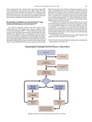 R.W. Koster et al. / Resuscitation 81 (2010) 1277–1292                                        1287


cause complications later. Victims with a persistent cough, difﬁ-                help. The majority of cases of SCA out of hospital, however, occur in
culty swallowing or the sensation of an object being still stuck                 adults, and although the rate of VF as the ﬁrst recorded rhythm has
in the throat should, therefore, be referred for a medical opinion.              declined over recent years, the cause of adult cardiac arrest remains
Abdominal thrusts and chest compressions can potentially cause                   VF in most cases (59%) when documented in the earliest phase by an
serious internal injuries, and all victims successfully treated with             AED.13 In children, VF is much less common as the primary cardiac
these measures should be examined afterwards for injury.                         arrest rhythm (approximately 7%).135 These additional recommen-
                                                                                 dations, therefore, added to the complexity of the guidelines while
                                                                                 affecting only a minority of victims.
Resuscitation of children (see also Section 6)134a and                              It is important to be aware that many children do not receive
victims of drowning (see also Section 8c)134b                                    resuscitation because potential rescuers fear causing harm if they
                                                                                 are not speciﬁcally trained in resuscitation for children. This fear
   For victims of primary cardiac arrest who receive chest-                      is unfounded; it is far better to use the adult BLS sequence for
compression-only CPR, oxygen stores become depleted about                        resuscitation of a child than to do nothing. For ease of teaching and
2–4 min after initiation of CPR.92,104 The combination of chest com-             retention laypeople should be taught that the adult sequence may
pressions with ventilation then becomes critically important. After              also be used for children who are not responsive and not breathing
collapse from asphyxial arrest, a combination of chest compres-                  or not breathing normally.
sions with ventilations is important immediately after the start of                 The following minor modiﬁcations to the adult sequence will
resuscitation. Previous guidelines have tried to address this differ-            make it even more suitable for use in children.
ence in pathophysiology, and have recommended that victims of
identiﬁable asphyxia (drowning, intoxication) and children should                • Give 5 initial rescue breaths before starting chest compressions
receive 1 min of CPR before the lone rescuer leaves the victim to get              (adult sequence of actions, 5b).




                                      Fig. 2.18. Algorithm for use of an automated external deﬁbrillator. © 2010 ERC.
 