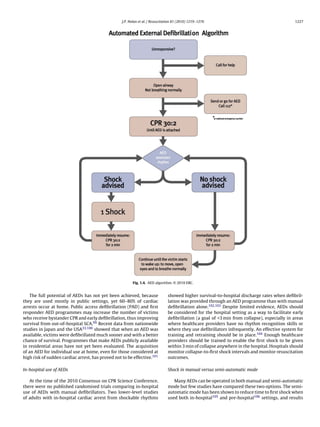J.P. Nolan et al. / Resuscitation 81 (2010) 1219–1276                                       1227




                                                         Fig. 1.4. AED algorithm. © 2010 ERC.


    The full potential of AEDs has not yet been achieved, because               showed higher survival-to-hospital discharge rates when deﬁbril-
they are used mostly in public settings, yet 60–80% of cardiac                  lation was provided through an AED programme than with manual
arrests occur at home. Public access deﬁbrillation (PAD) and ﬁrst               deﬁbrillation alone.102,103 Despite limited evidence, AEDs should
responder AED programmes may increase the number of victims                     be considered for the hospital setting as a way to facilitate early
who receive bystander CPR and early deﬁbrillation, thus improving               deﬁbrillation (a goal of <3 min from collapse), especially in areas
survival from out-of-hospital SCA.99 Recent data from nationwide                where healthcare providers have no rhythm recognition skills or
studies in Japan and the USA33,100 showed that when an AED was                  where they use deﬁbrillators infrequently. An effective system for
available, victims were deﬁbrillated much sooner and with a better              training and retraining should be in place.104 Enough healthcare
chance of survival. Programmes that make AEDs publicly available                providers should be trained to enable the ﬁrst shock to be given
in residential areas have not yet been evaluated. The acquisition               within 3 min of collapse anywhere in the hospital. Hospitals should
of an AED for individual use at home, even for those considered at              monitor collapse-to-ﬁrst shock intervals and monitor resuscitation
high risk of sudden cardiac arrest, has proved not to be effective.101          outcomes.

In-hospital use of AEDs                                                         Shock in manual versus semi-automatic mode

   At the time of the 2010 Consensus on CPR Science Conference,                    Many AEDs can be operated in both manual and semi-automatic
there were no published randomised trials comparing in-hospital                 mode but few studies have compared these two options. The semi-
use of AEDs with manual deﬁbrillators. Two lower-level studies                  automatic mode has been shown to reduce time to ﬁrst shock when
of adults with in-hospital cardiac arrest from shockable rhythms                used both in-hospital105 and pre-hospital106 settings, and results
 