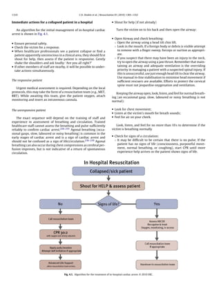 1310                                               C.D. Deakin et al. / Resuscitation 81 (2010) 1305–1352


Immediate actions for a collapsed patient in a hospital                          • Shout for help (if not already)

   An algorithm for the initial management of in-hospital cardiac                    Turn the victim on to his back and then open the airway:
arrest is shown in Fig. 4.1.
                                                                                 • Open Airway and check breathing:
• Ensure personal safety.                                                          ◦ Open the airway using a head tilt chin lift.
• Check the victim for a response.                                                 ◦ Look in the mouth. If a foreign body or debris is visible attempt
• When healthcare professionals see a patient collapse or ﬁnd a                      to remove with a ﬁnger sweep, forceps or suction as appropri-
  patient apparently unconscious in a clinical area, they should ﬁrst                ate.
  shout for help, then assess if the patient is responsive. Gently                 ◦ If you suspect that there may have been an injury to the neck,
  shake the shoulders and ask loudly: ‘Are you all right?’                           try to open the airway using a jaw thrust. Remember that main-
• If other members of staff are nearby, it will be possible to under-                taining an airway and adequate ventilation is the overriding
  take actions simultaneously.                                                       priority in managing a patient with a suspected spinal injury. If
                                                                                     this is unsuccessful, use just enough head tilt to clear the airway.
                                                                                     Use manual in-line stabilisation to minimise head movement if
The responsive patient                                                               sufﬁcient rescuers are available. Efforts to protect the cervical
                                                                                     spine must not jeopardise oxygenation and ventilation.
   Urgent medical assessment is required. Depending on the local
protocols, this may take the form of a resuscitation team (e.g., MET,               Keeping the airway open, look, listen, and feel for normal breath-
RRT). While awaiting this team, give the patient oxygen, attach                  ing (an occasional gasp, slow, laboured or noisy breathing is not
monitoring and insert an intravenous cannula.                                    normal):


The unresponsive patient                                                         • Look for chest movement;
                                                                                 • Listen at the victim’s mouth for breath sounds;
    The exact sequence will depend on the training of staff and                  • Feel for air on your cheek.
experience in assessment of breathing and circulation. Trained
healthcare staff cannot assess the breathing and pulse sufﬁciently                  Look, listen, and feel for no more than 10 s to determine if the
reliably to conﬁrm cardiac arrest.226–235 Agonal breathing (occa-                victim is breathing normally
sional gasps, slow, laboured or noisy breathing) is common in the
                                                                                 • Check for signs of a circulation:
early stages of cardiac arrest and is a sign of cardiac arrest and
should not be confused as a sign of life/circulation.236–239 Agonal                ◦ It may be difﬁcult to be certain that there is no pulse. If the
breathing can also occur during chest compressions as cerebral per-                  patient has no signs of life (consciousness, purposeful move-
fusion improves, but is not indicative of a return of spontaneous                    ment, normal breathing, or coughing), start CPR until more
circulation.                                                                         experience help arrives or the patient shows signs of life.




                                      Fig. 4.1. Algorithm for the treatment of in-hospital cardiac arrest. © 2010 ERC.
 