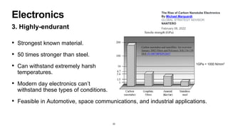 Electronics
3. Highly-endurant
• Strongest known material.
• 50 times stronger than steel.
• Can withstand extremely harsh
temperatures.
• Modern day electronics can’t
withstand these types of conditions.
• Feasible in Automotive, space communications, and industrial applications.
22
The Rise of Carbon Nanotube Electronics
By Michael Marquardt
GLOBAL STRATEGY ADVISOR
NANTERO
February 08, 2022
Carbon nanotubes and nanofibre: An overview
January 2002 Fibers and Polymers 3(4):134-139
DOI:10.1007/BF02912657
1GPa = 1000 N/mm2
 
