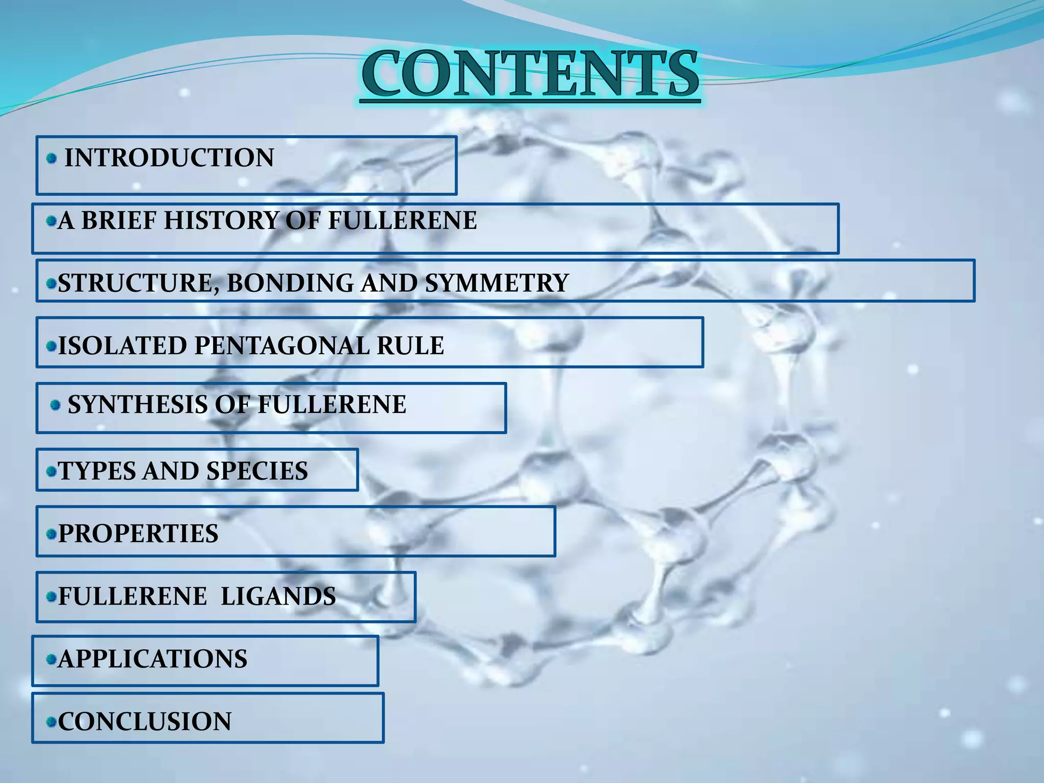 INTRODUCTION
A BRIEF HISTORY OF FULLERENE
STRUCTURE, BONDING AND SYMMETRY
ISOLATED PENTAGONAL RULE
TYPES AND SPECIES
PROPERTIES
FULLERENE LIGANDS
APPLICATIONS
CONCLUSION
SYNTHESIS OF FULLERENE
 