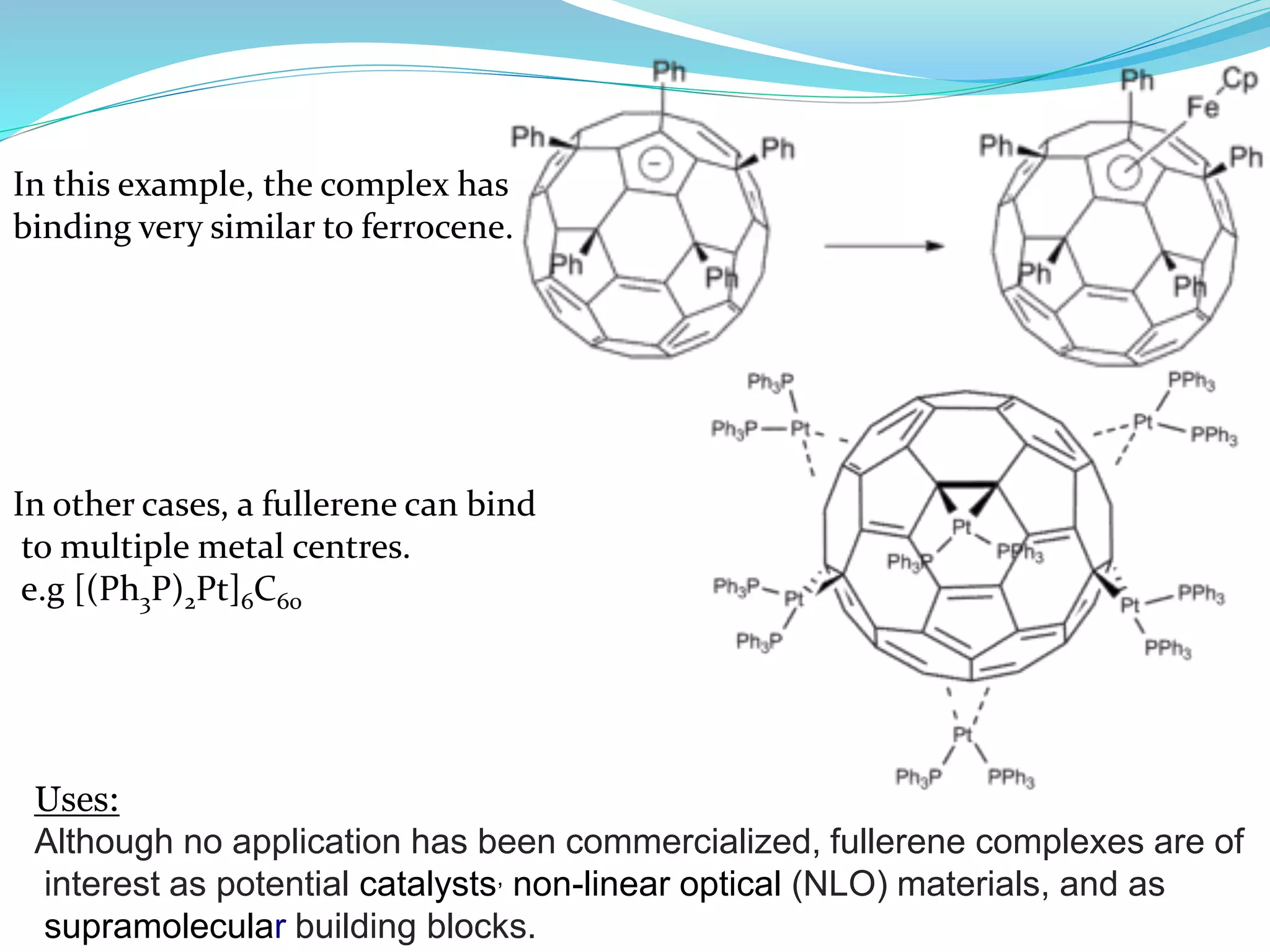 In other cases, a fullerene can bind
to multiple metal centres.
e.g [(Ph3P)2Pt]6C60
Uses:
Although no application has been commercialized, fullerene complexes are of
interest as potential catalysts, non-linear optical (NLO) materials, and as
supramolecular building blocks.
In this example, the complex has
binding very similar to ferrocene.
 
