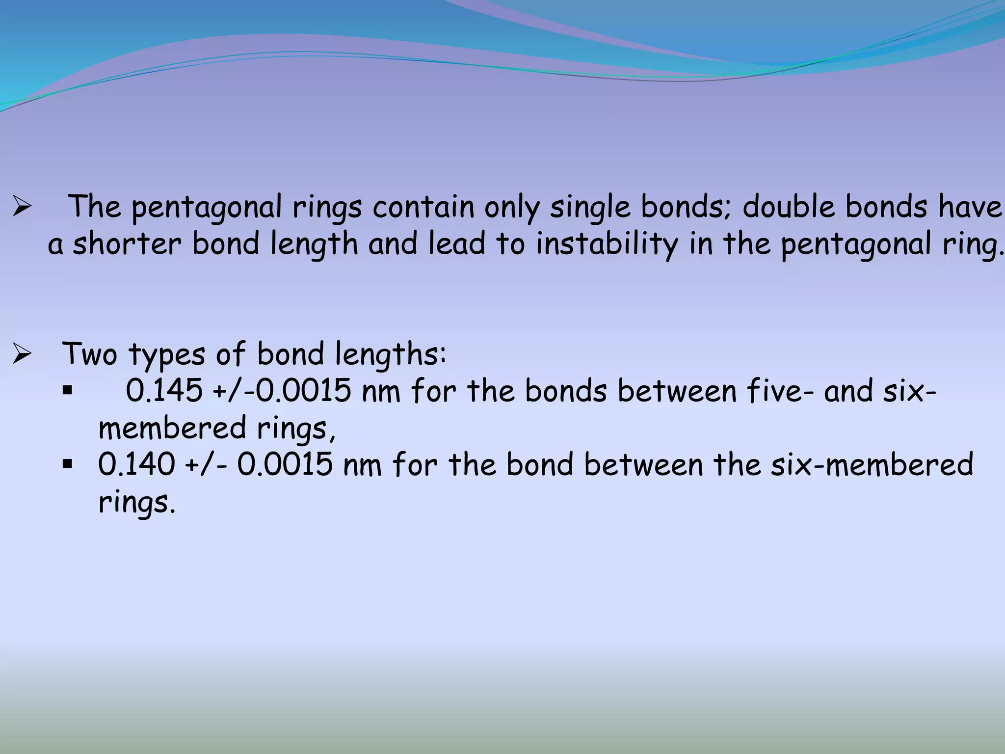  The pentagonal rings contain only single bonds; double bonds have
a shorter bond length and lead to instability in the pentagonal ring.
 Two types of bond lengths:
 0.145 +/-0.0015 nm for the bonds between five- and six-
membered rings,
 0.140 +/- 0.0015 nm for the bond between the six-membered
rings.
 