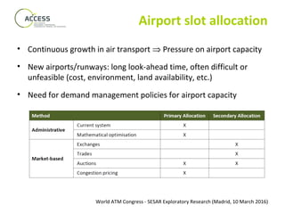 World ATM Congress - SESAR Exploratory Research (Madrid, 10 March 2016)
Airport slot allocation
• Continuous growth in air transport ⇒ Pressure on airport capacity
• New airports/runways: long look-ahead time, often difficult or
unfeasible (cost, environment, land availability, etc.)
• Need for demand management policies for airport capacity
 