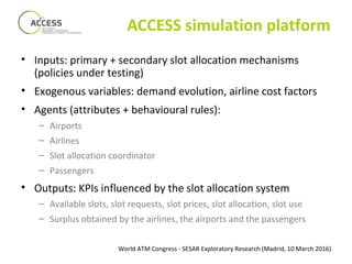 World ATM Congress - SESAR Exploratory Research (Madrid, 10 March 2016)
ACCESS simulation platform
• Inputs: primary + secondary slot allocation mechanisms
(policies under testing)
• Exogenous variables: demand evolution, airline cost factors
• Agents (attributes + behavioural rules):
– Airports
– Airlines
– Slot allocation coordinator
– Passengers
• Outputs: KPIs influenced by the slot allocation system
– Available slots, slot requests, slot prices, slot allocation, slot use
– Surplus obtained by the airlines, the airports and the passengers
 