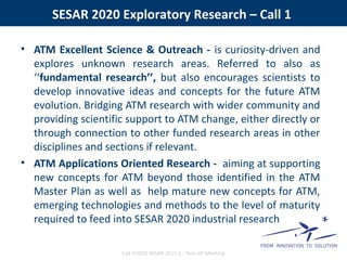 SESAR 2020 Exploratory Research – Call 1
• ATM Excellent Science & Outreach - is curiosity-driven and
explores unknown research areas. Referred to also as
‘‘fundamental research’’, but also encourages scientists to
develop innovative ideas and concepts for the future ATM
evolution. Bridging ATM research with wider community and
providing scientific support to ATM change, either directly or
through connection to other funded research areas in other
disciplines and sections if relevant.
• ATM Applications Oriented Research - aiming at supporting
new concepts for ATM beyond those identified in the ATM
Master Plan as well as help mature new concepts for ATM,
emerging technologies and methods to the level of maturity
required to feed into SESAR 2020 industrial research
Call H2020-SESAR 2015-1 - Kick-off Meeting
 