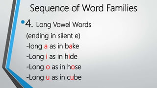 •4. Long Vowel Words
(ending in silent e)
-long a as in bake
-Long i as in hide
-Long o as in hose
-Long u as in cube
Sequence of Word Families
 