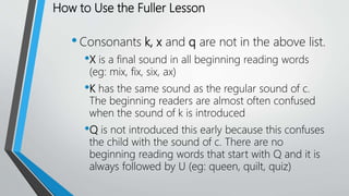 How to Use the Fuller Lesson
•Consonants k, x and q are not in the above list.
•X is a final sound in all beginning reading words
(eg: mix, fix, six, ax)
•K has the same sound as the regular sound of c.
The beginning readers are almost often confused
when the sound of k is introduced
•Q is not introduced this early because this confuses
the child with the sound of c. There are no
beginning reading words that start with Q and it is
always followed by U (eg: queen, quilt, quiz)
 