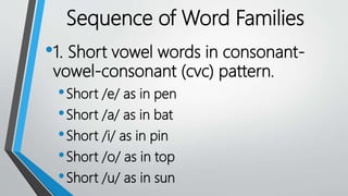 •1. Short vowel words in consonant-
vowel-consonant (cvc) pattern.
•Short /e/ as in pen
•Short /a/ as in bat
•Short /i/ as in pin
•Short /o/ as in top
•Short /u/ as in sun
Sequence of Word Families
 