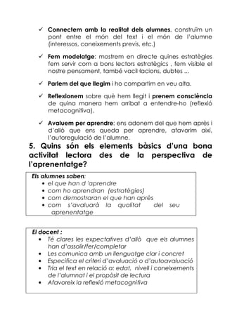 Connectem amb la realitat dels alumnes, construïm un
pont entre el món del text i el món de l’alumne
(interessos, coneixements previs, etc.)
Fem modelatge: mostrem en directe quines estratègies
fem servir com a bons lectors estratègics , fem visible el
nostre pensament, també vacil lacions, dubtes ...
Parlem del que llegim i ho compartim en veu alta.
Reflexionem sobre què hem llegit i prenem consciència
de quina manera hem arribat a entendre-ho (reflexió
metacognitiva).
Avaluem per aprendre: ens adonem del que hem après i
d’allò que ens queda per aprendre, afavorim així,
l’autoregulació de l’alumne.
5. Quins són els elements bàsics d’una bona
activitat lectora des de la perspectiva de
l’aprenentatge?
Els alumnes saben:
• el que han d 'aprendre
• com ho aprendran (estratègies)
• com demostraran el que han après
• com s’avaluarà la qualitat del seu
aprenentatge
El docent :
• Té clares les expectatives d’allò que els alumnes
han d’assolir/fer/completar
• Les comunica amb un llenguatge clar i concret
• Especifica el criteri d’avaluació o d’autoavaluació
• Tria el text en relació a: edat, nivell i coneixements
de l’alumnat i el propòsit de lectura
• Afavoreix la reflexió metacognitiva
 