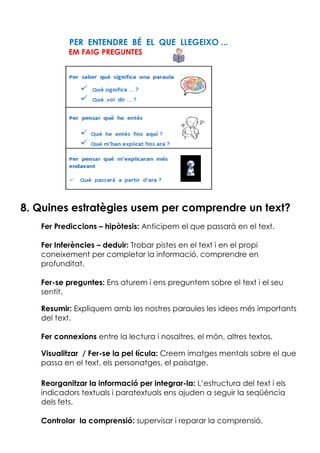 PER ENTENDRE BÉ EL QUE LLEGEIXO ...
EM FAIG PREGUNTES
8. Quines estratègies usem per comprendre un text?
Fer Prediccions – hipòtesis: Anticipem el que passarà en el text.
Fer Inferències – deduir: Trobar pistes en el text i en el propi
coneixement per completar la informació, comprendre en
profunditat.
Fer-se preguntes: Ens aturem i ens preguntem sobre el text i el seu
sentit.
Resumir: Expliquem amb les nostres paraules les idees més importants
del text.
Fer connexions entre la lectura i nosaltres, el món, altres textos.
Visualitzar / Fer-se la pel lícula: Creem imatges mentals sobre el que
passa en el text, els personatges, el paisatge.
Reorganitzar la informació per integrar-la: L’estructura del text i els
indicadors textuals i paratextuals ens ajuden a seguir la seqüència
dels fets.
Controlar la comprensió: supervisar i reparar la comprensió.
 