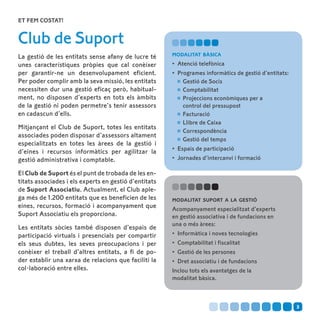 Et fem costat!


Club de Suport
La gestió de les entitats sense afany de lucre té      modalitat bàsica

unes característiques pròpies que cal conèixer         •	 Atenció telefònica
per garantir-ne un desenvolupament eficient.           •	 Programes informàtics de gestió d’entitats:
Per poder complir amb la seva missió, les entitats         	 Gestió de Socis
necessiten dur una gestió eficaç però, habitual-           	 Comptabilitat
ment, no disposen d’experts en tots els àmbits             	 Projeccions econòmiques per a
de la gestió ni poden permetre’s tenir assessors             control del pressupost
en cadascun d’ells.                                        	 Facturació
                                                           	 Llibre de Caixa
Mitjançant el Club de Suport, totes les entitats
                                                           	 Correspondència
associades poden disposar d’assessors altament
                                                           	 Gestió del temps
especialitzats en totes les àrees de la gestió i
d’eines i recursos informàtics per agilitzar la        •	 Espais de participació
gestió administrativa i comptable.                     •	 Jornades d’intercanvi i formació

El Club de Suport és el punt de trobada de les en-
titats associades i els experts en gestió d’entitats
de Suport Associatiu. Actualment, el Club aple-
ga més de 1.200 entitats que es beneficien de les      modalitat suport a la gestió
eines, recursos, formació i acompanyament que          Acompanyament especialitzat d’experts
Suport Associatiu els proporciona.                     en gestió associativa i de fundacions en
                                                       una o més àrees:
Les entitats sòcies també disposen d’espais de
participació virtuals i presencials per compartir      •	 Informàtica i noves tecnologies
els seus dubtes, les seves preocupacions i per         •	 Comptabilitat i fiscalitat
conèixer el treball d’altres entitats, a fi de po-     •	 Gestió de les persones
der establir una xarxa de relacions que faciliti la    •	 Dret associatiu i de fundacions
col·laboració entre elles.                             Inclou tots els avantatges de la
                                                       modalitat bàsica.



                                                                                                        3
 