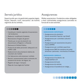 Serveis jurídics                                        Assegurances
Suport jurídic per a la gestió dels aspectes legals,    Moltes associacions i fundacions estan obligades
fiscals, laborals, civils, mercantils i de tràmits      a tenir contractades assegurances concretes en
registrals de les entitats.                             funció de la seva activitat.




   •	 Constitució i tràmits registrals d’associacions     assegurances específiques
      i de fundacions                                     •	 Assegurances de voluntaris
   •	 Redacció i modificació d’estatuts                      (sense necessitat d’aportar cap llistat)
   •	 Renovacions d‘òrgans de govern                      •	 Assegurances per a activitats culturals i
   •	 Tràmits per al canvi de domicili i de                  de lleure
      denominació al Registre i a Hisenda                 •	 Assegurances per associacions de pares i
   •	 Declaració d’Utilitat Pública                          mares (AMPA)
   •	 Protecció de dades personals: adequació a la        •	 Assegurances per a entitats esportives
      LOPD i LSSI                                         •	 Assegurances D&O de membres de juntes
   •	 Redacció de la documentació relativa als               directives i patronats, i de directius d’entitats
      voluntaris de l’entitat
                                                          assegurances generals
   •	 Col·laboracions amb empreses i entitats
                                                          •	 Assegurances d’accidents i de
   •	 Revisió i assessorament sobre contractes de
                                                             responsabilitat civil
      prestació de serveis, de lloguer, etc
                                                          •	 Assegurances de locals
   •	 Registre de logos i marques
                                                          •	 Assegurances de vehicles
   •	 Mapa de riscos legals de l’entitat
                                                          •	 Assegurances d’assistència en viatge,…




                                                                                                                 7
 