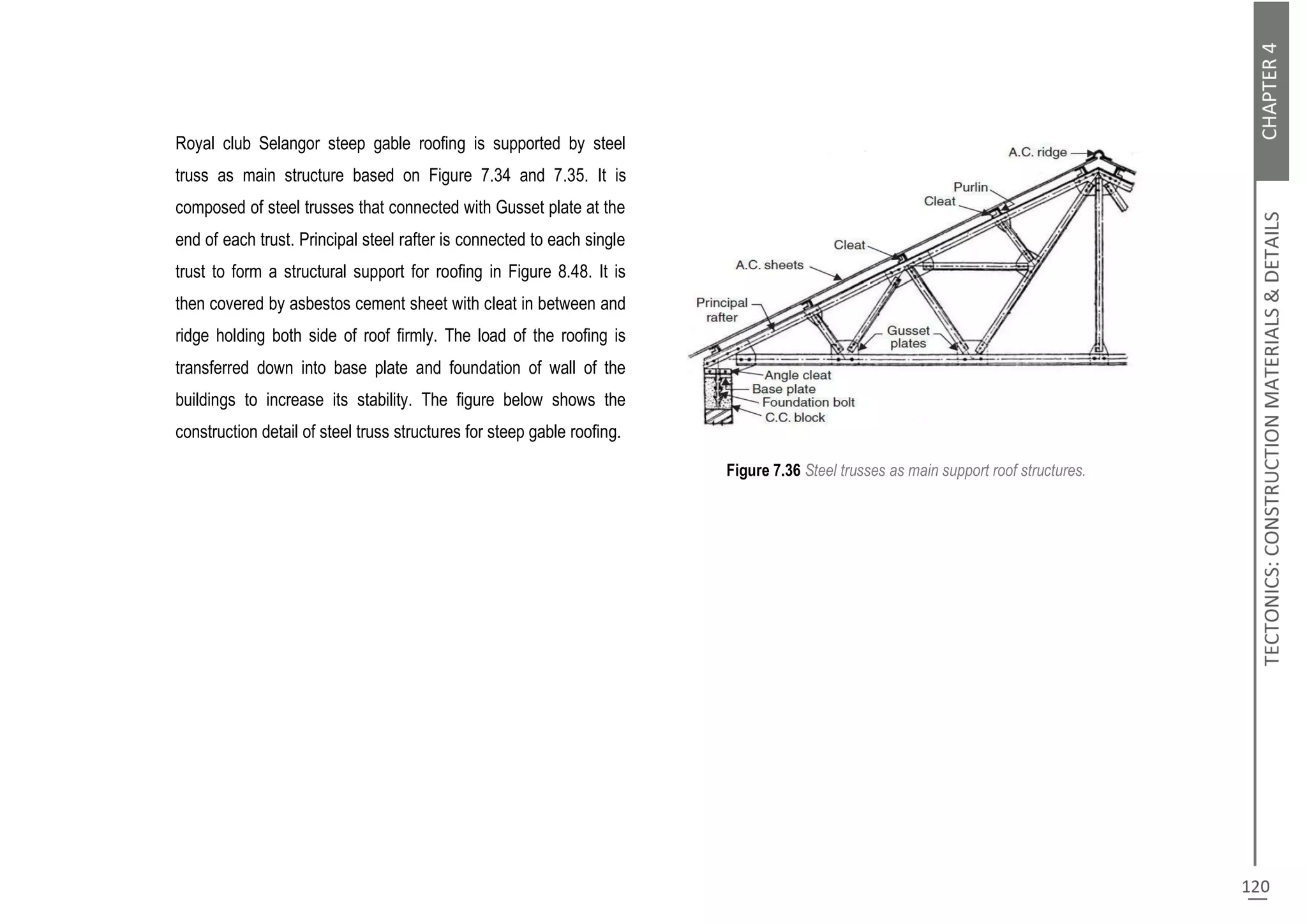 Royal club Selangor steep gable roofing is supported by steel
truss as main structure based on Figure 7.34 and 7.35. It is
composed of steel trusses that connected with Gusset plate at the
end of each trust. Principal steel rafter is connected to each single
trust to form a structural support for roofing in Figure 8.48. It is
then covered by asbestos cement sheet with cleat in between and
ridge holding both side of roof firmly. The load of the roofing is
transferred down into base plate and foundation of wall of the
buildings to increase its stability. The figure below shows the
construction detail of steel truss structures for steep gable roofing.
Figure 7.36 Steel trusses as main support roof structures.
 