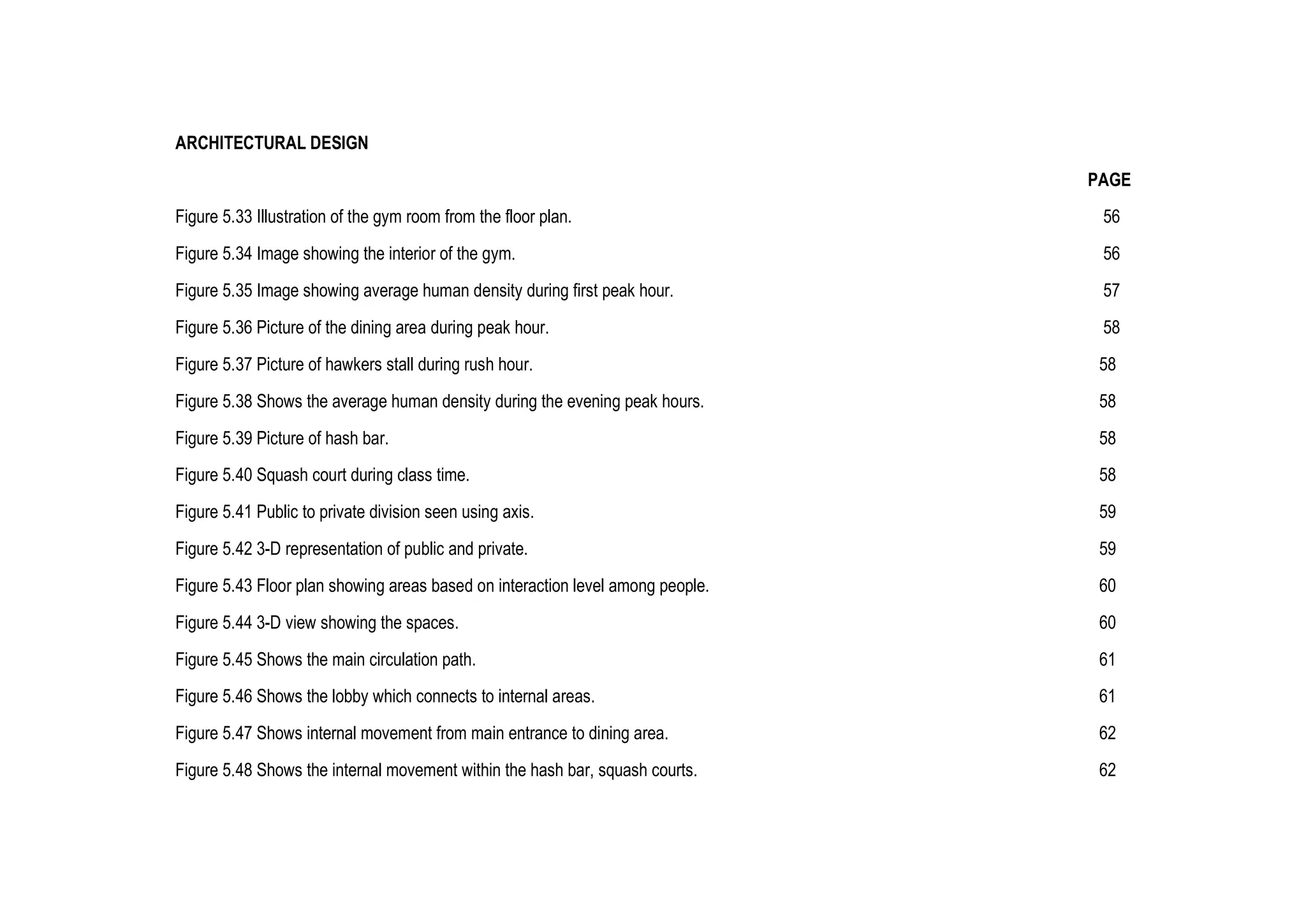 ARCHITECTURAL DESIGN
PAGE
Figure 5.33 Illustration of the gym room from the floor plan. 56
Figure 5.34 Image showing the interior of the gym. 56
Figure 5.35 Image showing average human density during first peak hour. 57
Figure 5.36 Picture of the dining area during peak hour. 58
Figure 5.37 Picture of hawkers stall during rush hour. 58
Figure 5.38 Shows the average human density during the evening peak hours. 58
Figure 5.39 Picture of hash bar. 58
Figure 5.40 Squash court during class time. 58
Figure 5.41 Public to private division seen using axis. 59
Figure 5.42 3-D representation of public and private. 59
Figure 5.43 Floor plan showing areas based on interaction level among people. 60
Figure 5.44 3-D view showing the spaces. 60
Figure 5.45 Shows the main circulation path. 61
Figure 5.46 Shows the lobby which connects to internal areas. 61
Figure 5.47 Shows internal movement from main entrance to dining area. 62
Figure 5.48 Shows the internal movement within the hash bar, squash courts. 62
 
