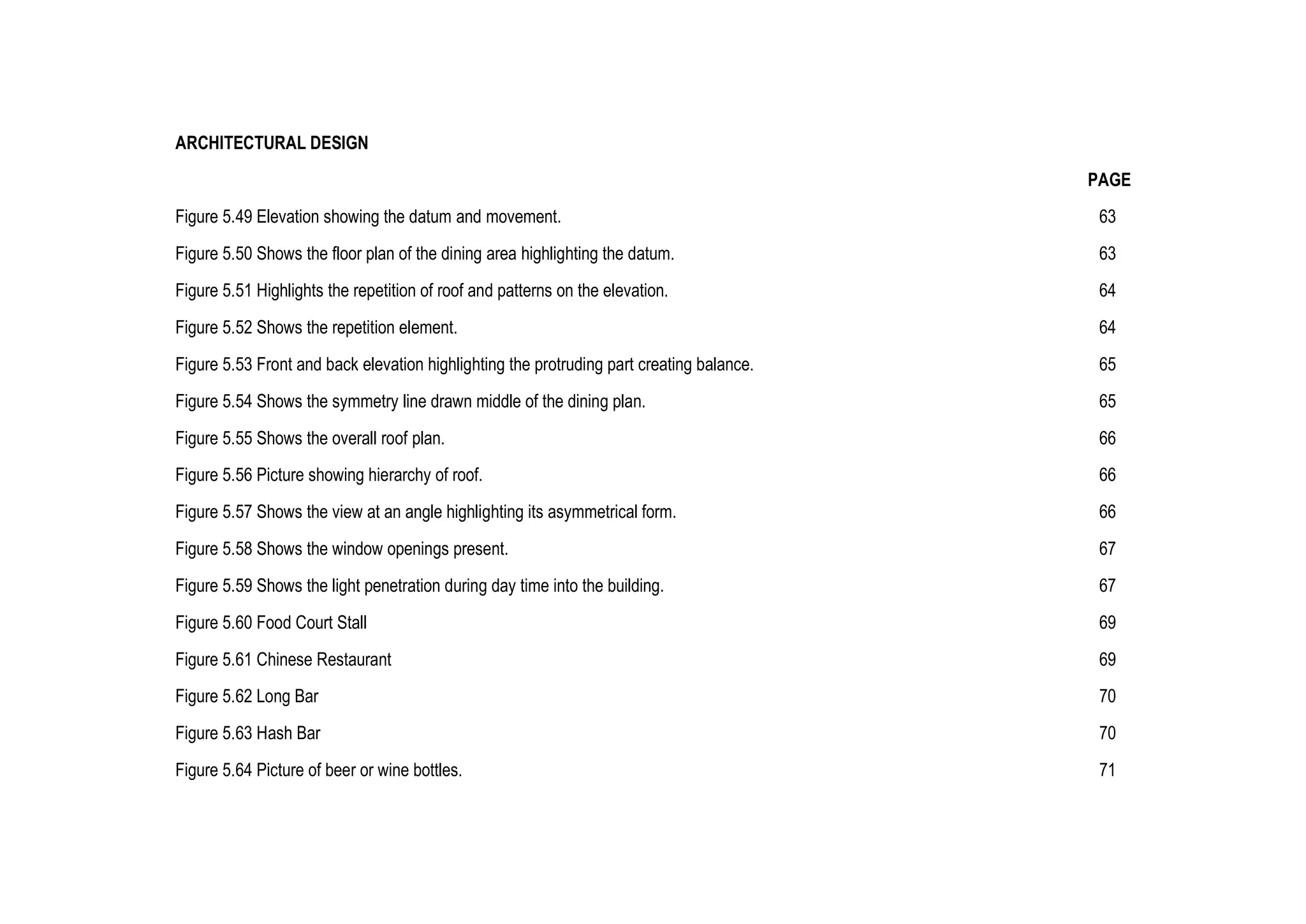 ARCHITECTURAL DESIGN
PAGE
Figure 5.49 Elevation showing the datum and movement. 63
Figure 5.50 Shows the floor plan of the dining area highlighting the datum. 63
Figure 5.51 Highlights the repetition of roof and patterns on the elevation. 64
Figure 5.52 Shows the repetition element. 64
Figure 5.53 Front and back elevation highlighting the protruding part creating balance. 65
Figure 5.54 Shows the symmetry line drawn middle of the dining plan. 65
Figure 5.55 Shows the overall roof plan. 66
Figure 5.56 Picture showing hierarchy of roof. 66
Figure 5.57 Shows the view at an angle highlighting its asymmetrical form. 66
Figure 5.58 Shows the window openings present. 67
Figure 5.59 Shows the light penetration during day time into the building. 67
Figure 5.60 Food Court Stall 69
Figure 5.61 Chinese Restaurant 69
Figure 5.62 Long Bar 70
Figure 5.63 Hash Bar 70
Figure 5.64 Picture of beer or wine bottles. 71
 