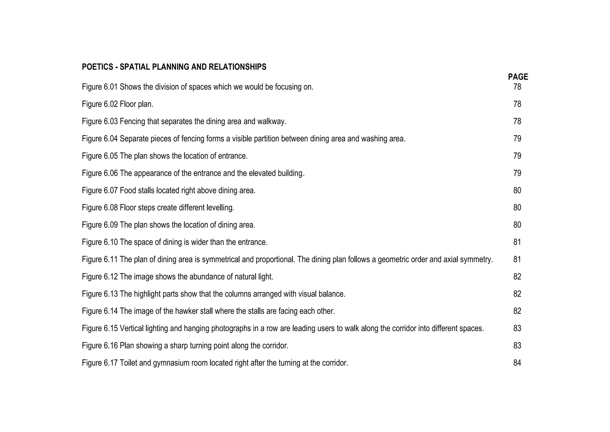POETICS - SPATIAL PLANNING AND RELATIONSHIPS
PAGE
Figure 6.01 Shows the division of spaces which we would be focusing on. 78
Figure 6.02 Floor plan. 78
Figure 6.03 Fencing that separates the dining area and walkway. 78
Figure 6.04 Separate pieces of fencing forms a visible partition between dining area and washing area. 79
Figure 6.05 The plan shows the location of entrance. 79
Figure 6.06 The appearance of the entrance and the elevated building. 79
Figure 6.07 Food stalls located right above dining area. 80
Figure 6.08 Floor steps create different levelling. 80
Figure 6.09 The plan shows the location of dining area. 80
Figure 6.10 The space of dining is wider than the entrance. 81
Figure 6.11 The plan of dining area is symmetrical and proportional. The dining plan follows a geometric order and axial symmetry. 81
Figure 6.12 The image shows the abundance of natural light. 82
Figure 6.13 The highlight parts show that the columns arranged with visual balance. 82
Figure 6.14 The image of the hawker stall where the stalls are facing each other. 82
Figure 6.15 Vertical lighting and hanging photographs in a row are leading users to walk along the corridor into different spaces. 83
Figure 6.16 Plan showing a sharp turning point along the corridor. 83
Figure 6.17 Toilet and gymnasium room located right after the turning at the corridor. 84
 