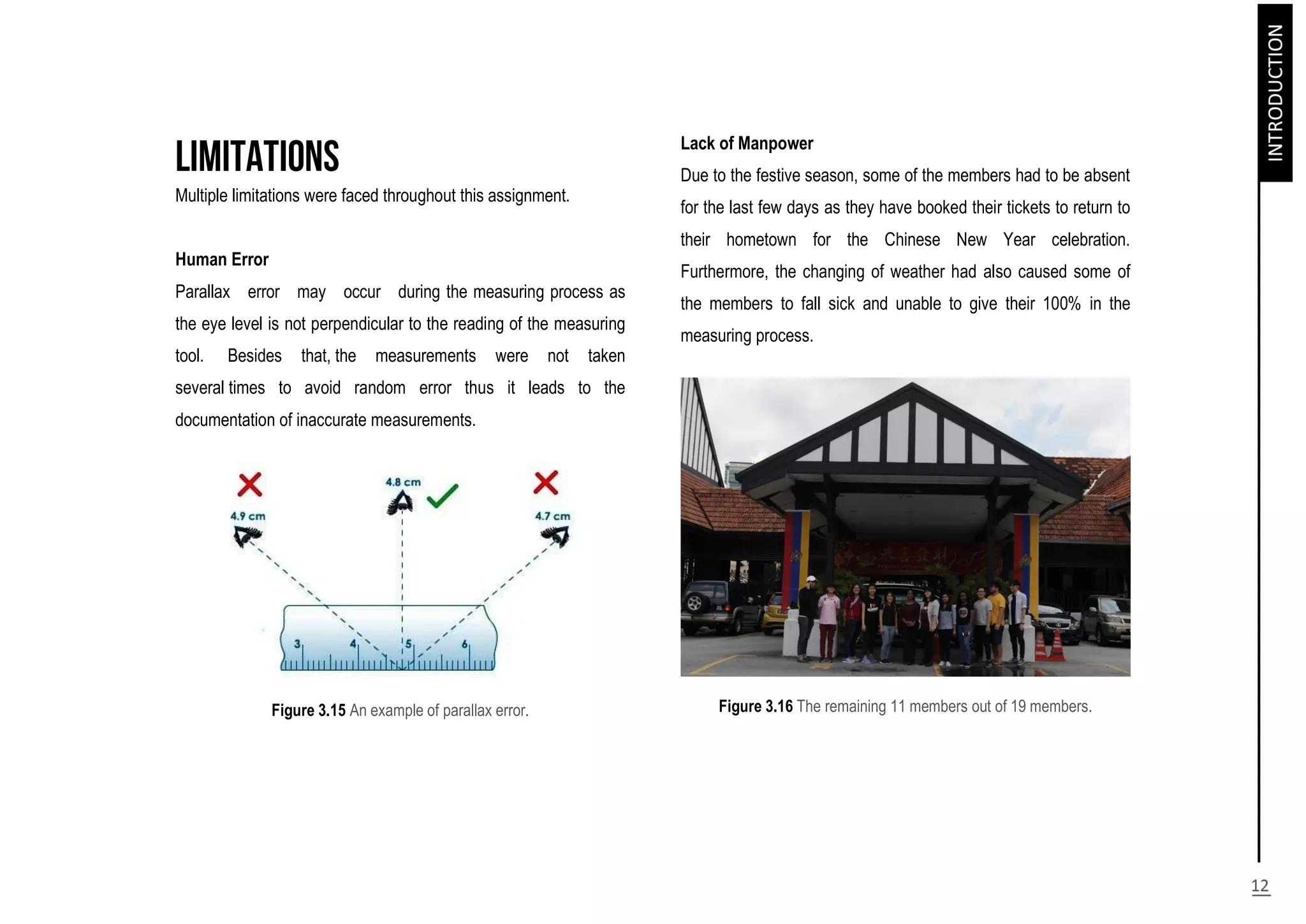 Multiple limitations were faced throughout this assignment.
Human Error
Parallax error may occur during the measuring process as
the eye level is not perpendicular to the reading of the measuring
tool. Besides that, the measurements were not taken
several times to avoid random error thus it leads to the
documentation of inaccurate measurements.
Figure 3.15 An example of parallax error.
Lack of Manpower
Due to the festive season, some of the members had to be absent
for the last few days as they have booked their tickets to return to
their hometown for the Chinese New Year celebration.
Furthermore, the changing of weather had also caused some of
the members to fall sick and unable to give their 100% in the
measuring process.
Figure 3.16 The remaining 11 members out of 19 members.
 