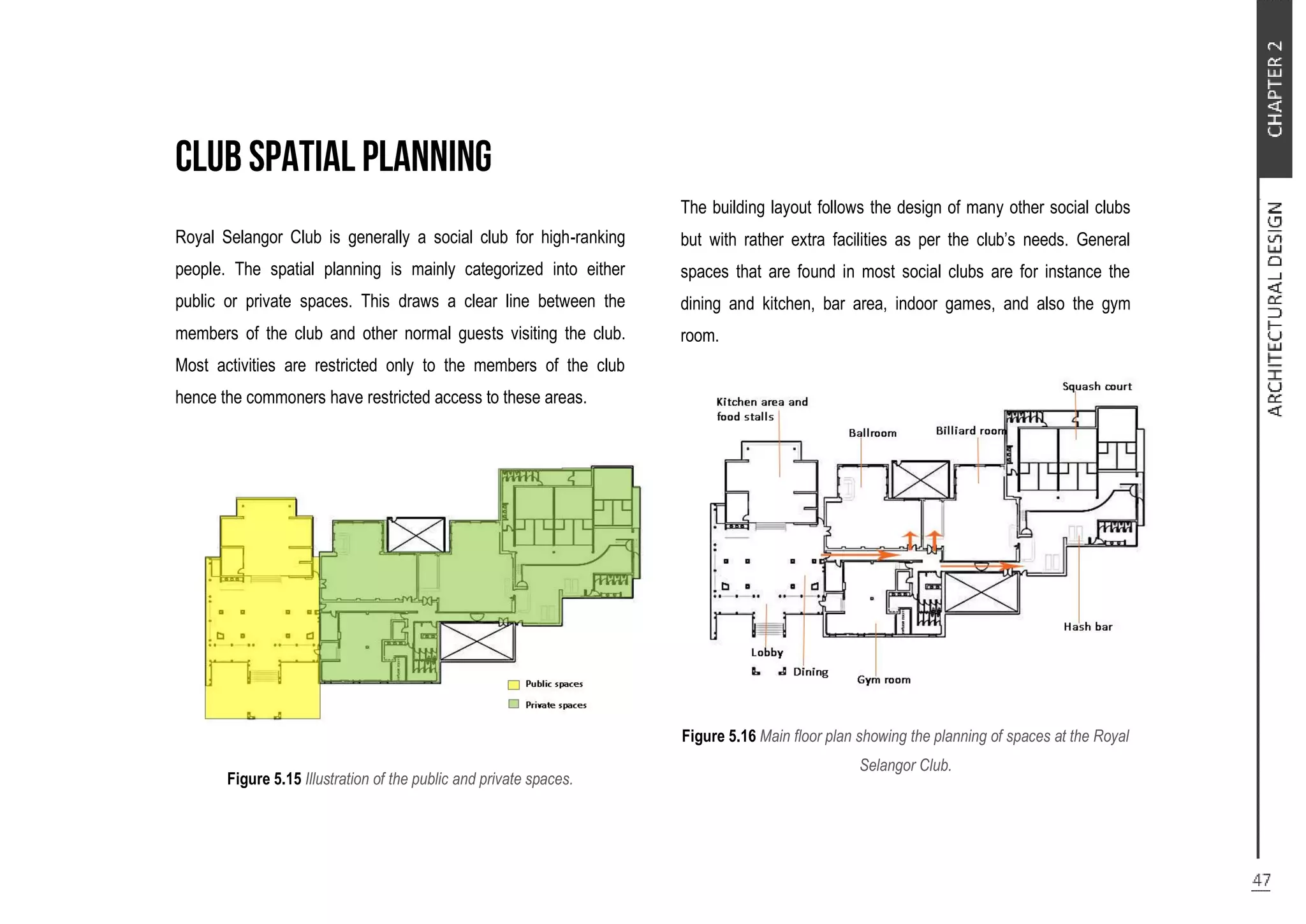 Royal Selangor Club is generally a social club for high-ranking
people. The spatial planning is mainly categorized into either
public or private spaces. This draws a clear line between the
members of the club and other normal guests visiting the club.
Most activities are restricted only to the members of the club
hence the commoners have restricted access to these areas.
Figure 5.15 Illustration of the public and private spaces.
The building layout follows the design of many other social clubs
but with rather extra facilities as per the club’s needs. General
spaces that are found in most social clubs are for instance the
dining and kitchen, bar area, indoor games, and also the gym
room.
Figure 5.16 Main floor plan showing the planning of spaces at the Royal
Selangor Club.
 