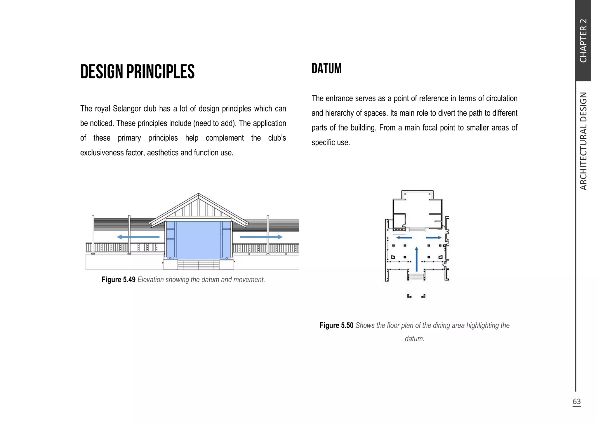 The royal Selangor club has a lot of design principles which can
be noticed. These principles include (need to add). The application
of these primary principles help complement the club’s
exclusiveness factor, aesthetics and function use.
Figure 5.49 Elevation showing the datum and movement.
The entrance serves as a point of reference in terms of circulation
and hierarchy of spaces. Its main role to divert the path to different
parts of the building. From a main focal point to smaller areas of
specific use.
Figure 5.50 Shows the floor plan of the dining area highlighting the
datum.
 