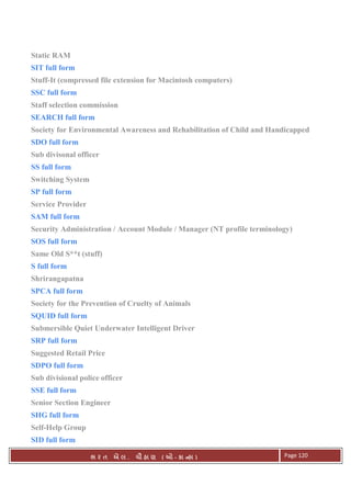 . Ê ( - к ) Page 120
Static RAM
SIT full form
Stuff-It (compressed file extension for Macintosh computers)
SSC full form
Staff selection commission
SEARCH full form
Society for Environmental Awareness and Rehabilitation of Child and Handicapped
SDO full form
Sub divisonal officer
SS full form
Switching System
SP full form
Service Provider
SAM full form
Security Administration / Account Module / Manager (NT profile terminology)
SOS full form
Same Old S**t (stuff)
S full form
Shrirangapatna
SPCA full form
Society for the Prevention of Cruelty of Animals
SQUID full form
Submersible Quiet Underwater Intelligent Driver
SRP full form
Suggested Retail Price
SDPO full form
Sub divisional police officer
SSE full form
Senior Section Engineer
SHG full form
Self-Help Group
SID full form
 